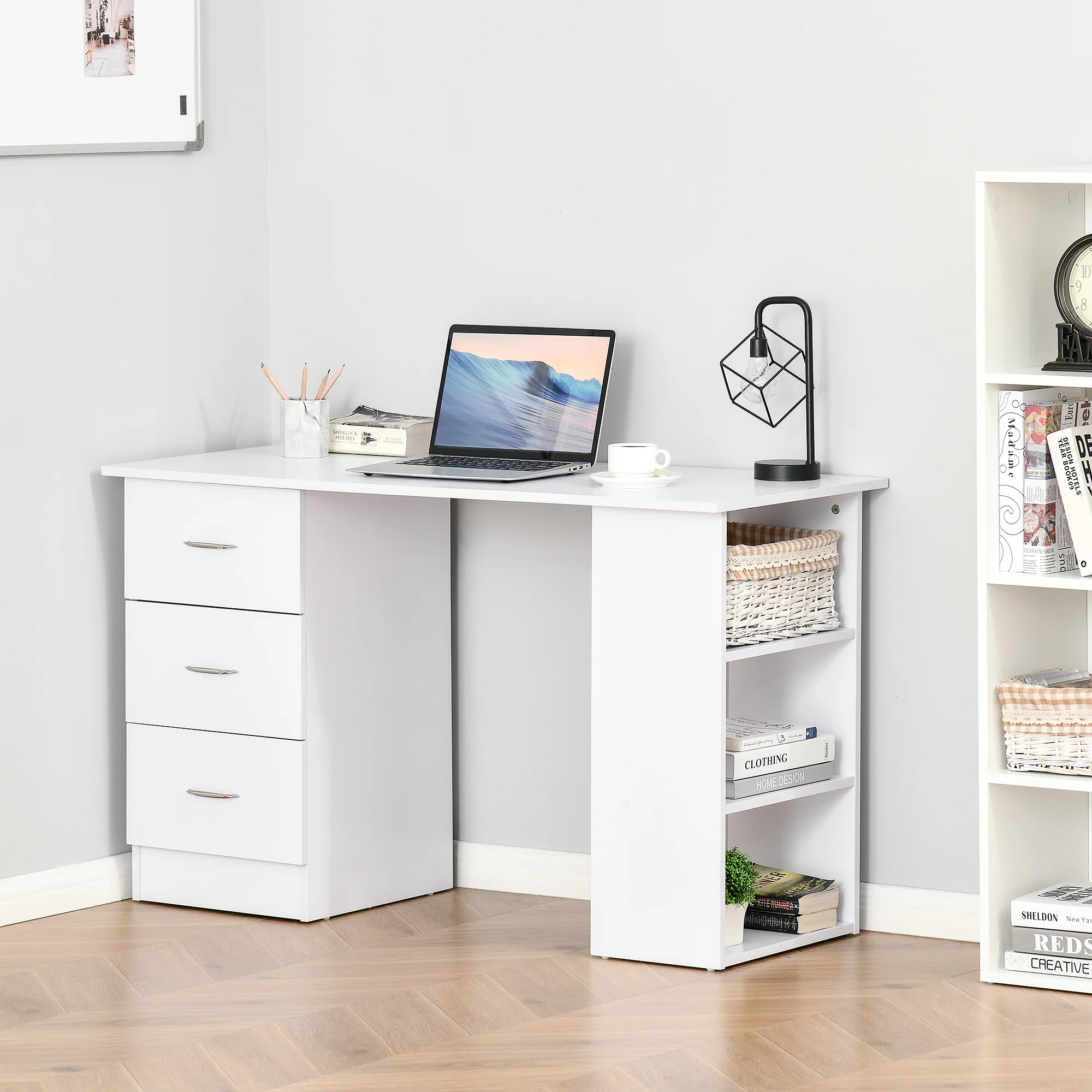 47" Modern Home Office Computer Desk Bookcase Combo with 3 Drawers and Storage Shelf White - Image 3