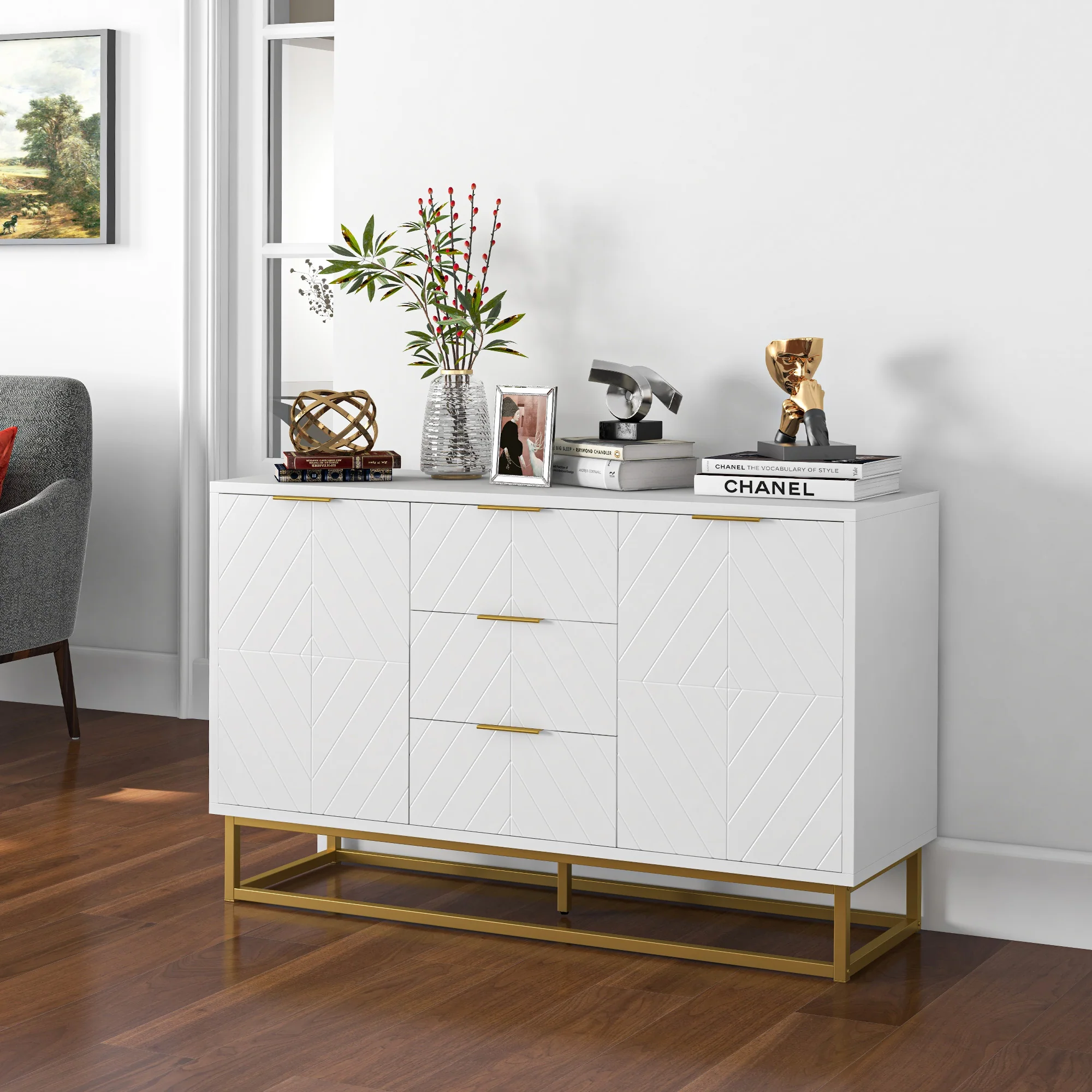 47" Sideboard Buffet Cabinet with Storage & Adjustable Shelves, White - Image 3