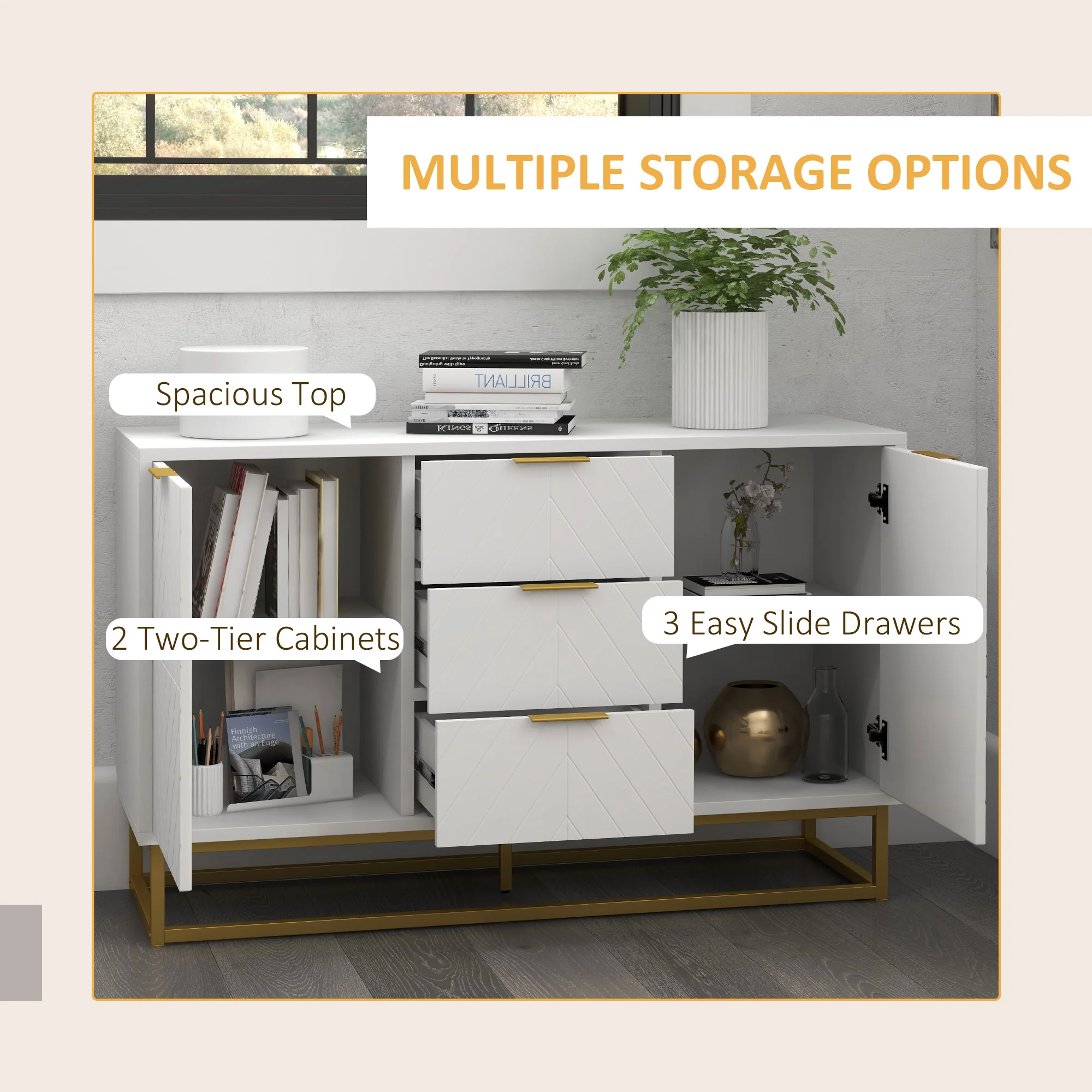 47" Sideboard Buffet Cabinet with Storage & Adjustable Shelves, White - Image 8