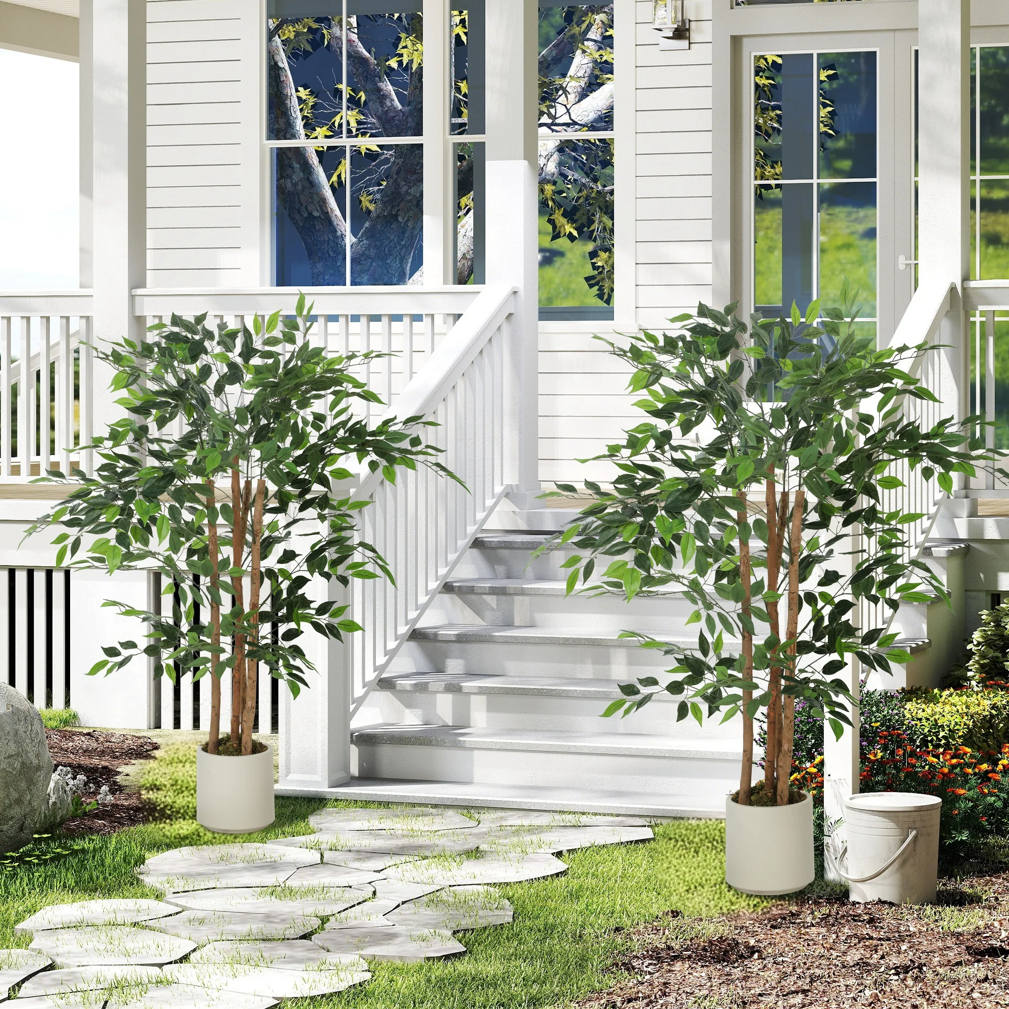 4FT Artificial Banyan Tree Set of 2, Lifelike Fake Tree with Solid Wood Trunk and Pot for Indoor Living Room Home Office Decor, Green - Image 3