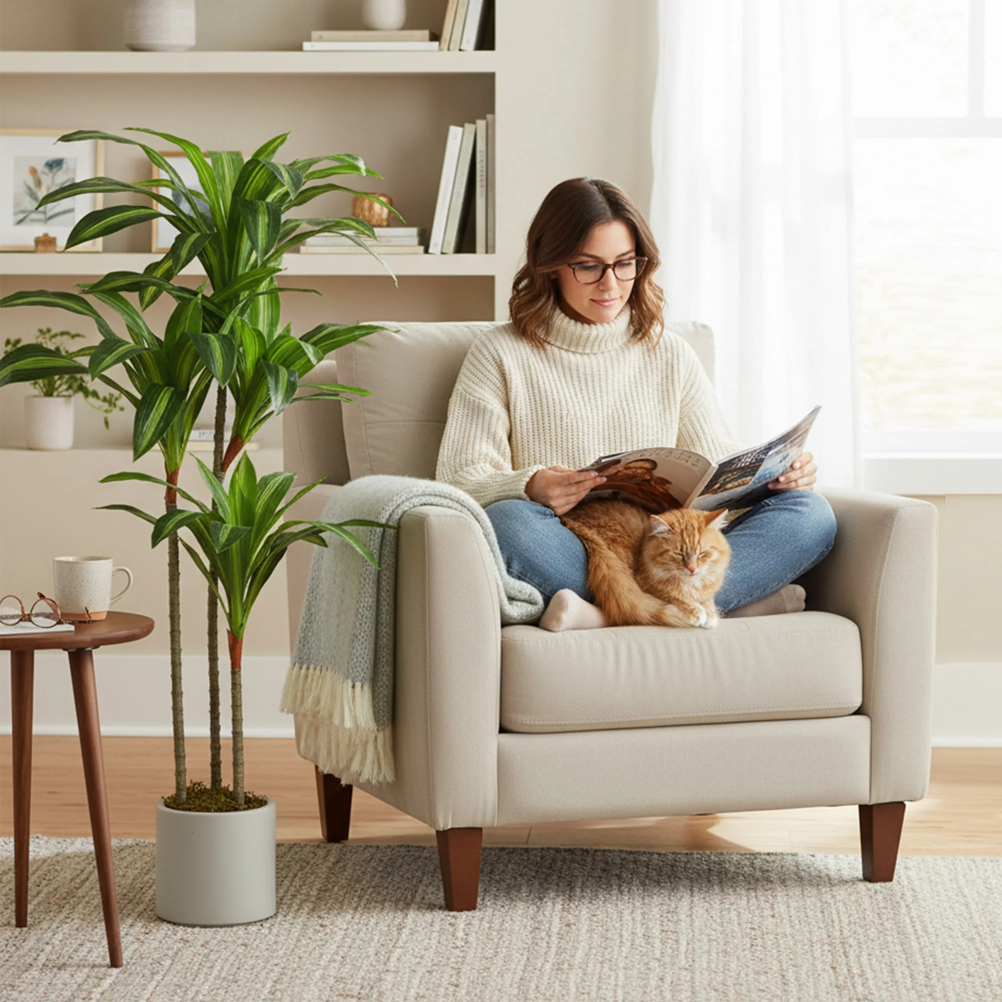 4FT Artificial Dracaena Tree, Lifelike Dracaena Fake Plant with Bendable Trunks and White Planter for Living Room Bedroom Home Office Decor, Green - Image 10