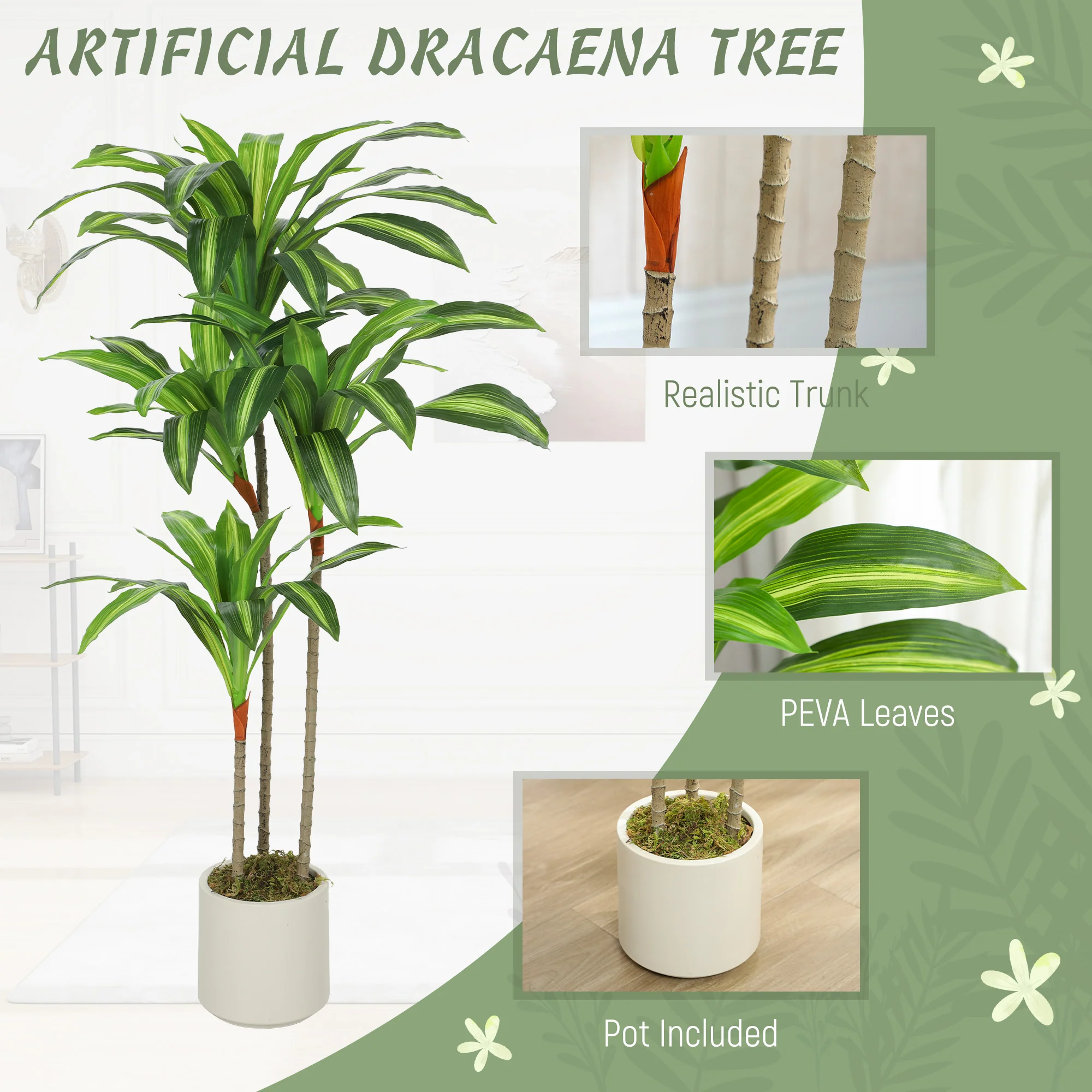 4FT Artificial Dracaena Tree, Lifelike Dracaena Fake Plant with Bendable Trunks and White Planter for Living Room Bedroom Home Office Decor, Green - Image 6