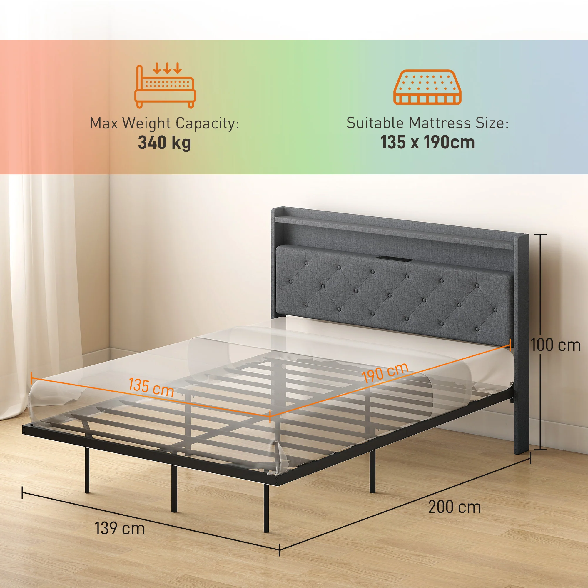 4ft6 Double Bed Frame with Music Sync RGB LED Lights and Charging Station, Grey - Image 5