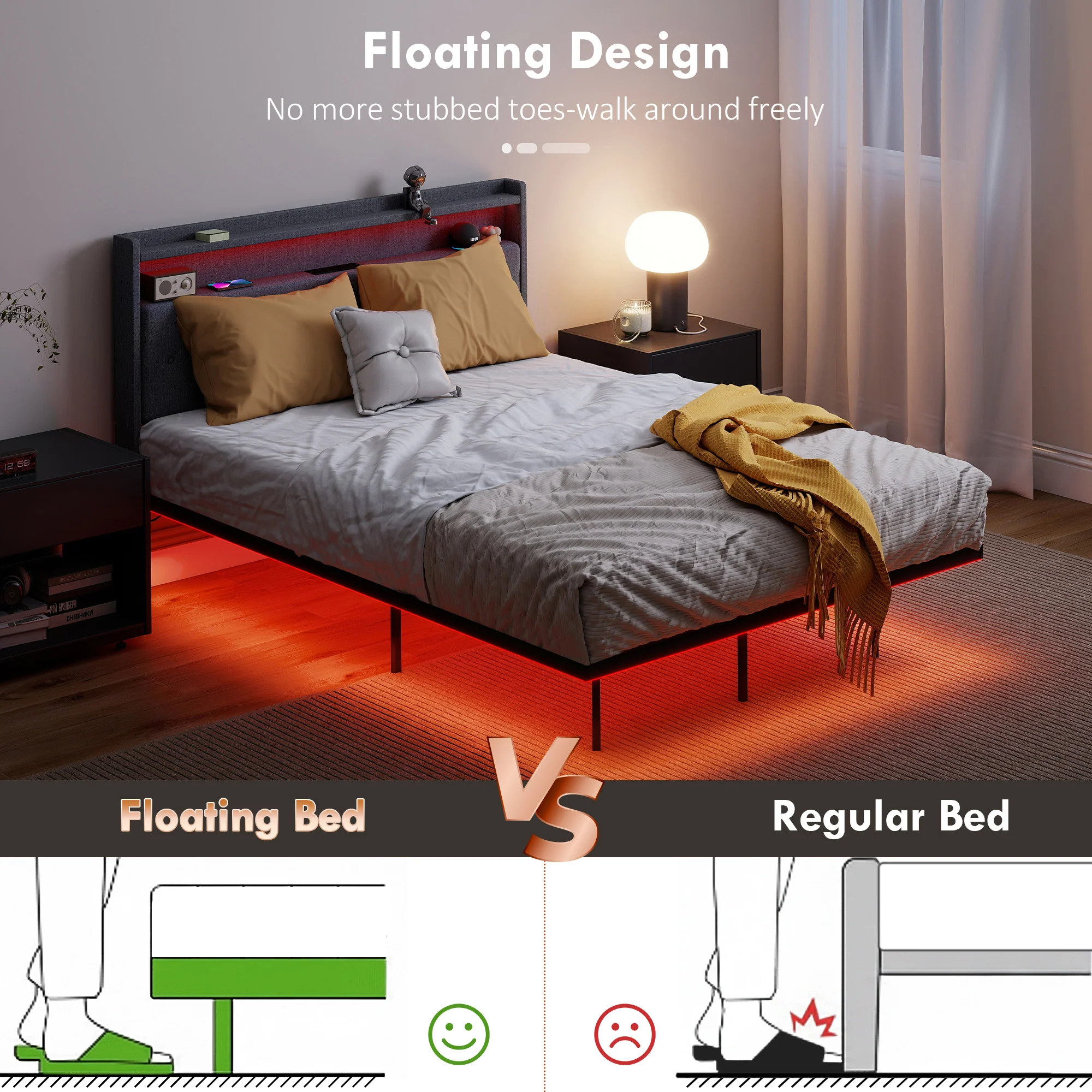 4ft6 Double Bed Frame with Music Sync RGB LED Lights and Charging Station, Grey - Image 6