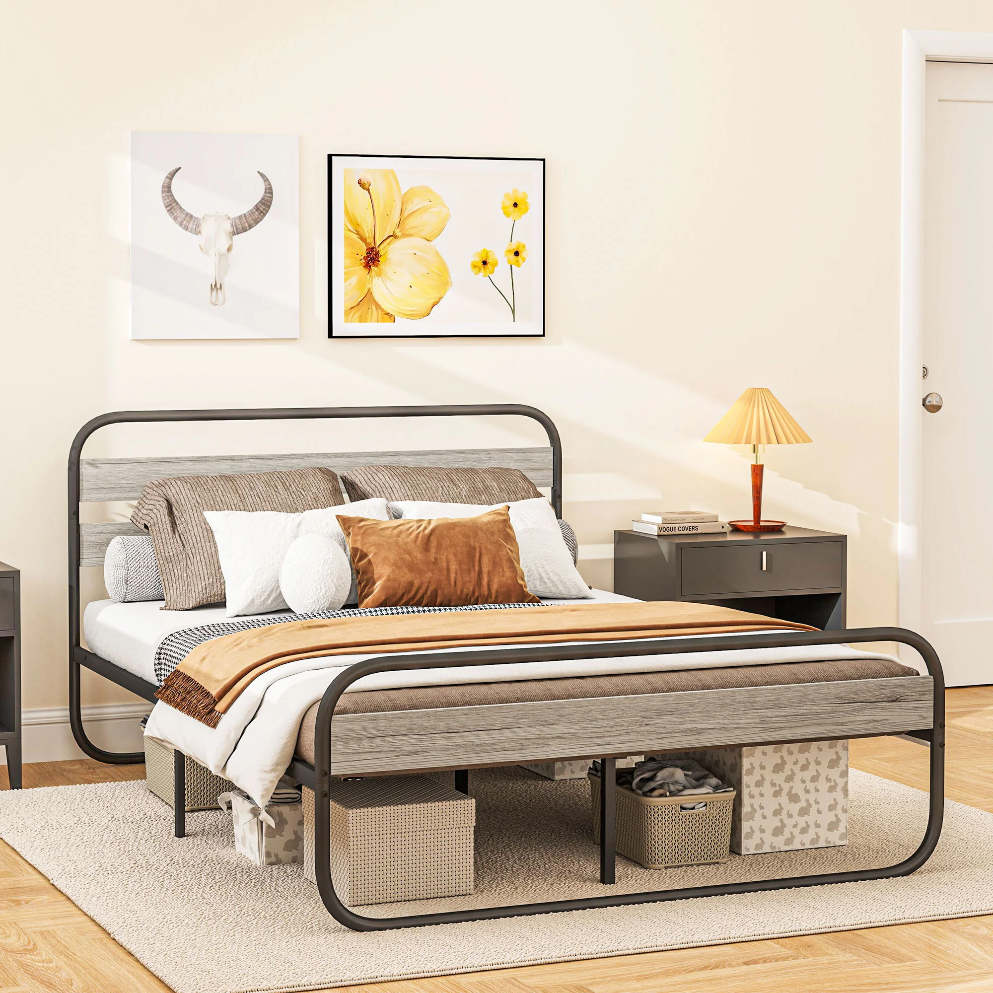 4ft6 Double Bed Frame, Metal Platform Bed Frame with Under Bed Storage, No Box Spring, Grey - Image 11