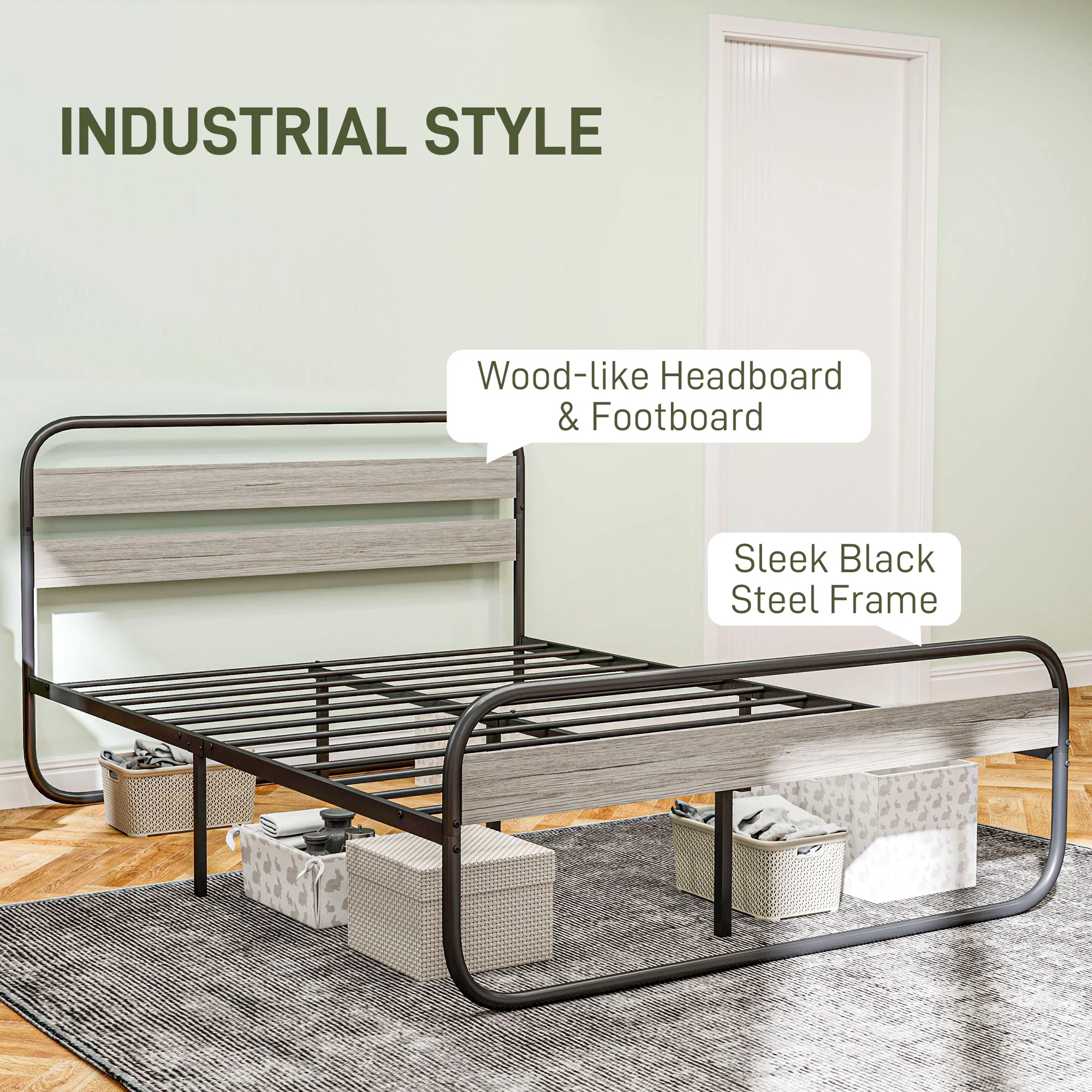4ft6 Double Bed Frame, Metal Platform Bed Frame with Under Bed Storage, No Box Spring, Grey - Image 6