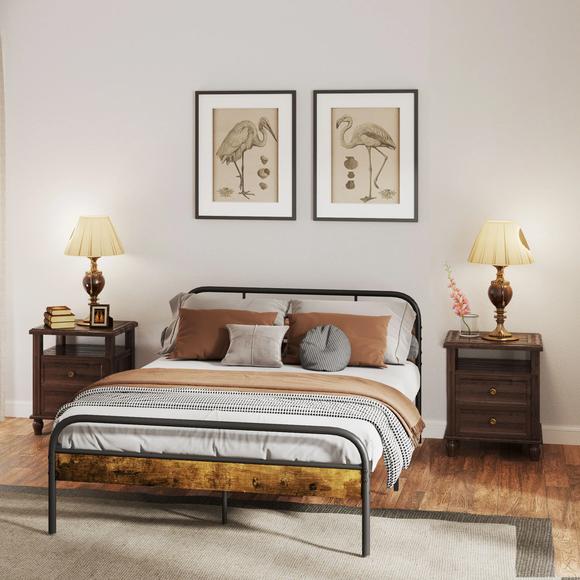 4ft6 Double Bed Frame with Headboard & Underbed Storage, No Box Spring, Rustic Brown - Image 4