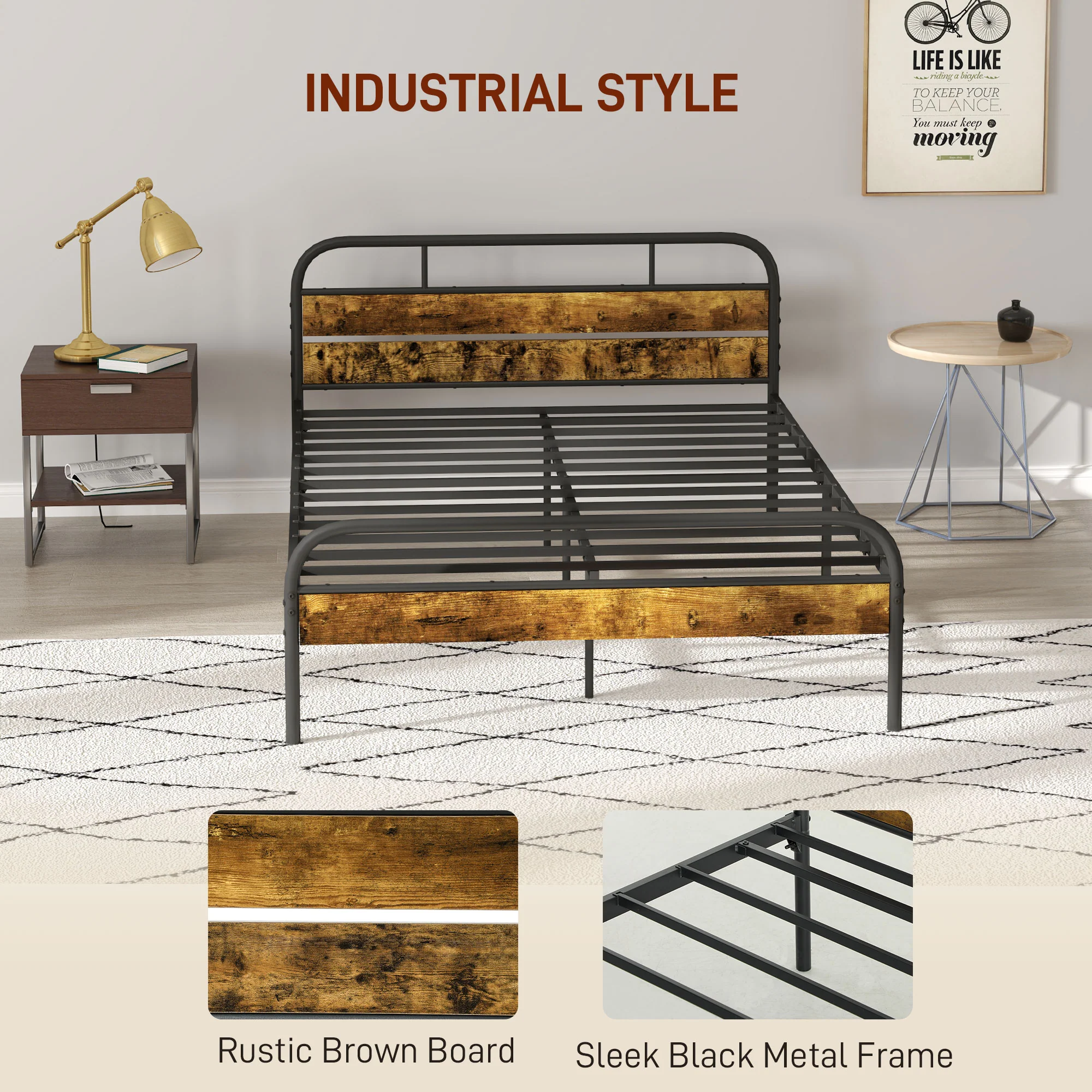 4ft6 Double Bed Frame with Headboard & Underbed Storage, No Box Spring, Rustic Brown - Image 6