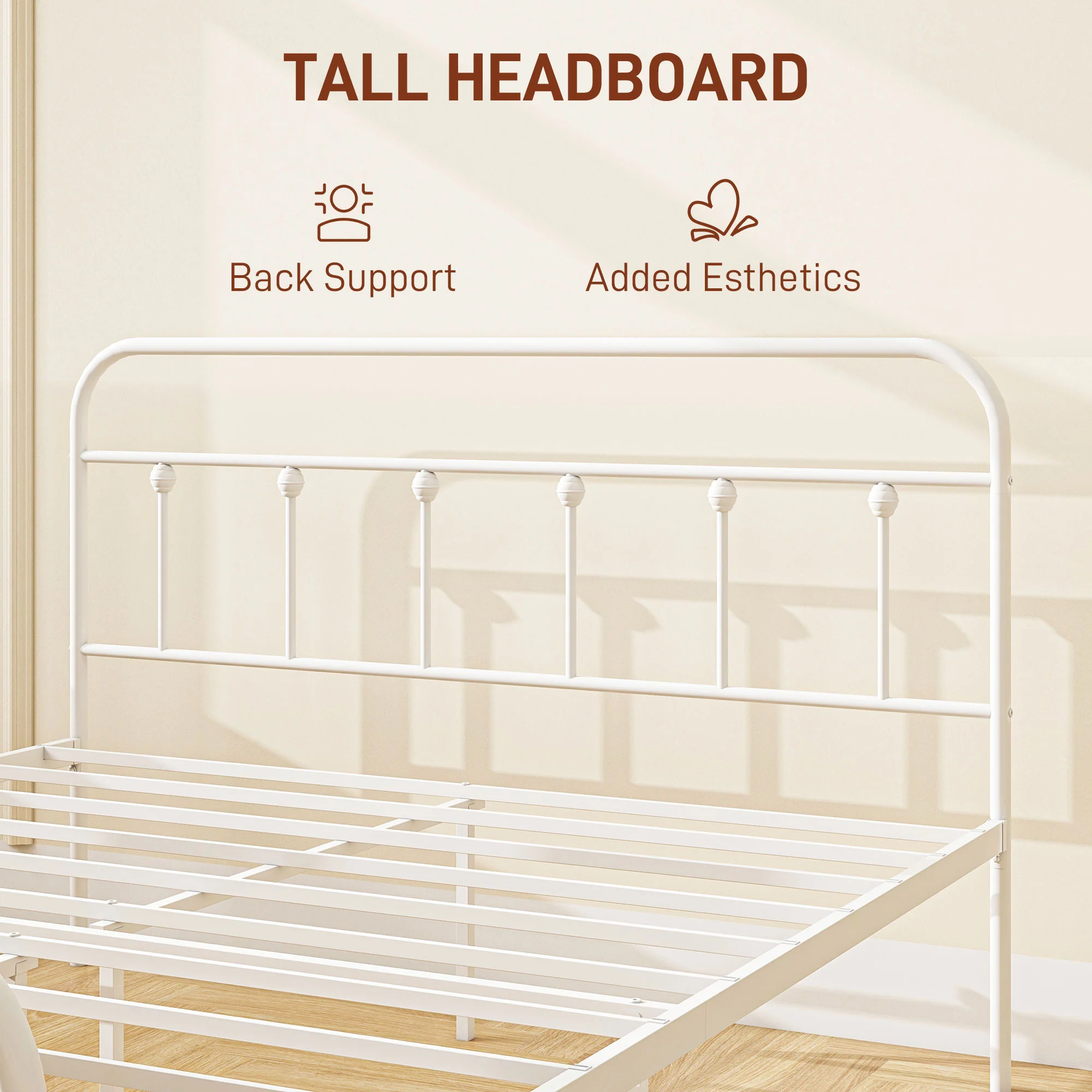 4ft6 Double Bed Frame with Tall Headboard & Steel Slat Support, Easy Assembly, White - Image 6