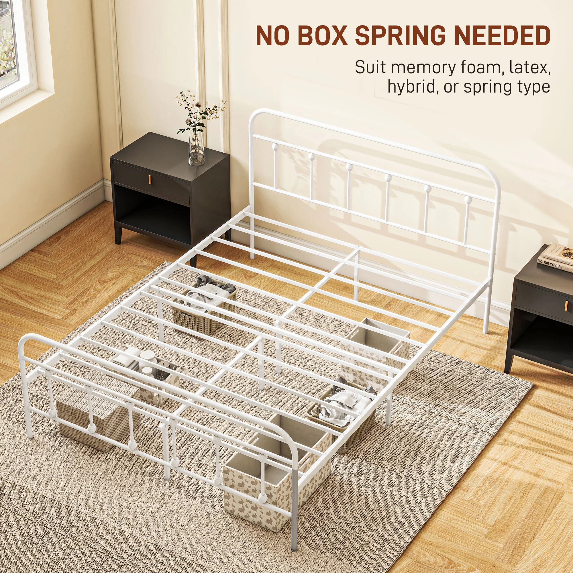 4ft6 Double Bed Frame with Tall Headboard & Steel Slat Support, Easy Assembly, White - Image 8