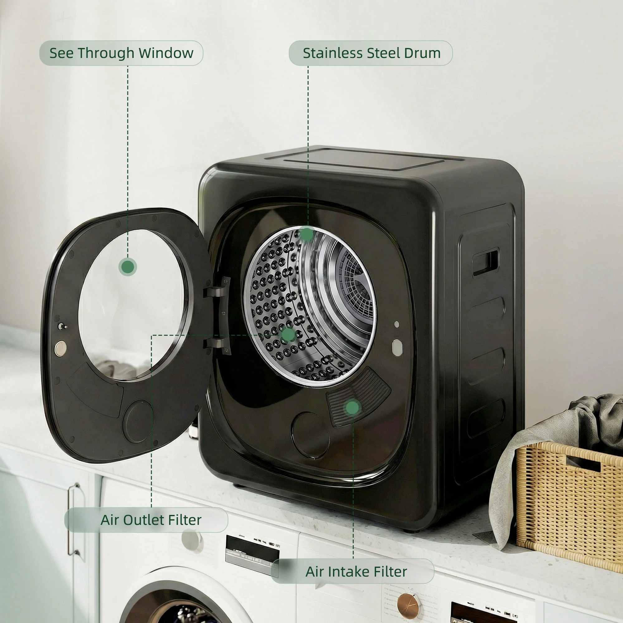 4kg Vented Tumble Dryer, 800W Compact Freestanding Front Tumble Dryer with 5 Drying Mode, Smart Sensor, Timer and Stainless Steel Tub, Wall-Mounted Portable Small Clothes Drying Machine, Black - Image 7