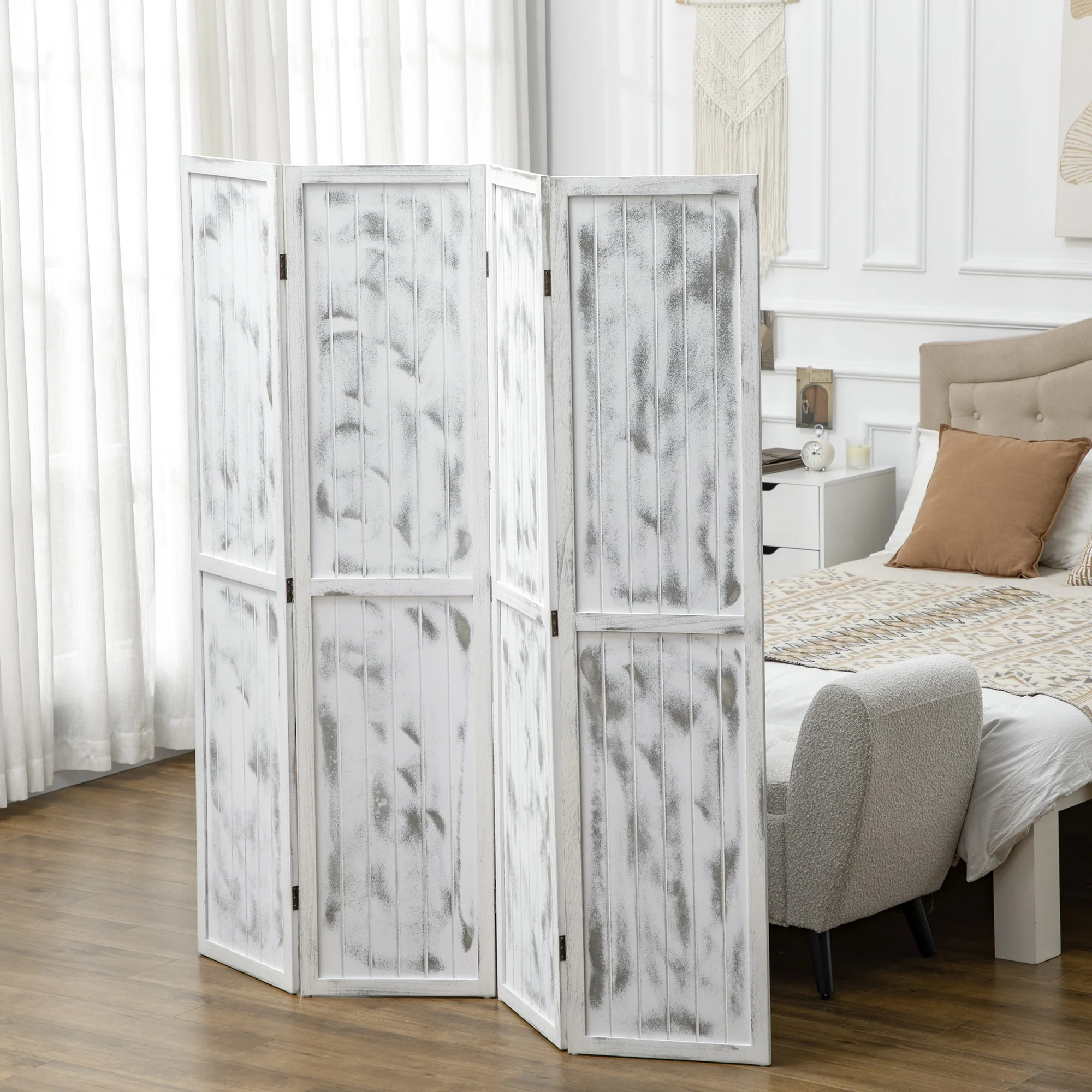 4-Panel Room Divider, 5.6 Ft. Tall Indoors Folding Privacy Screen Panels, Rustic White - Image 4