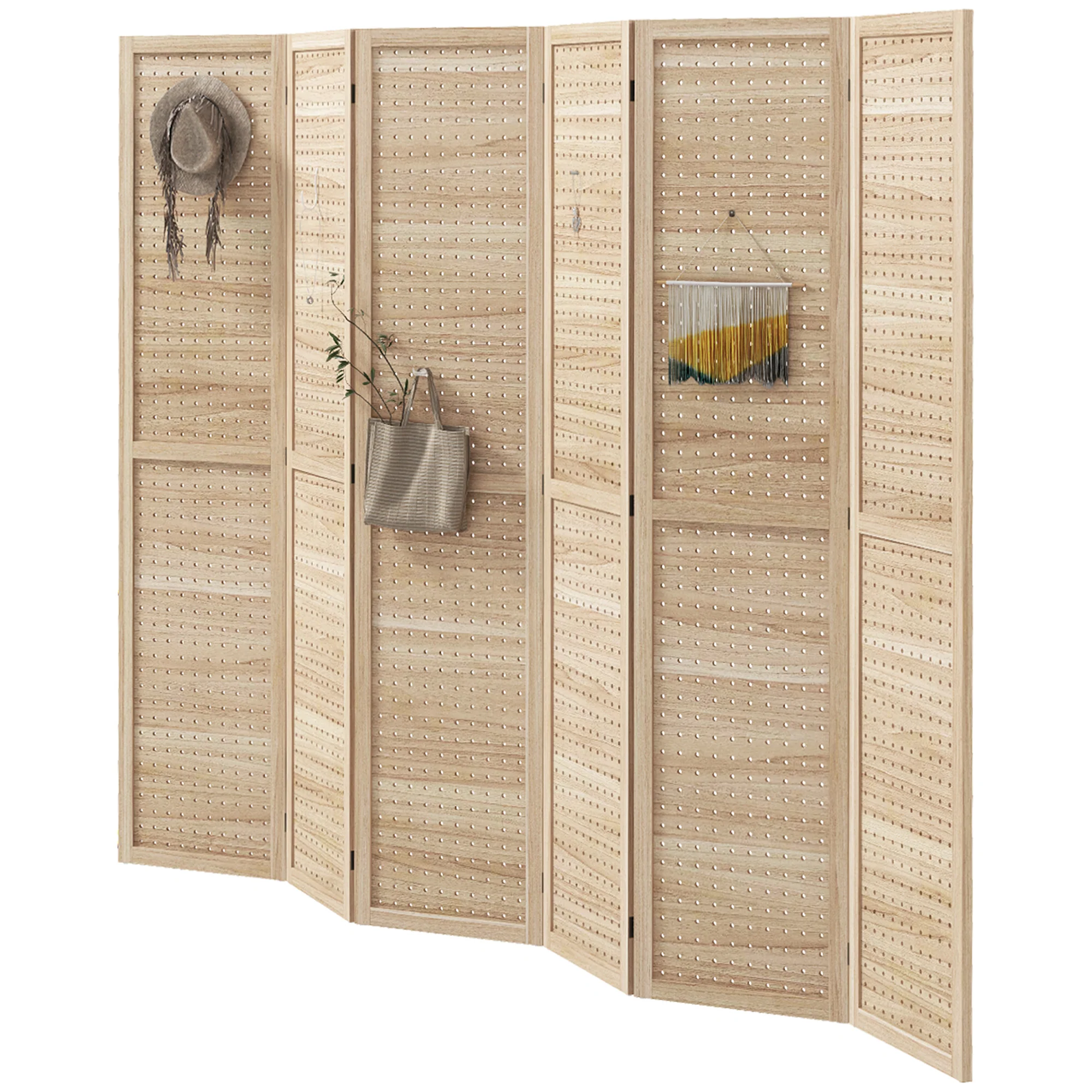 6-Panel Room Divider, 5.6 Ft. Tall Pegboard Folding Privacy Screen Panels, Natural - Image 2