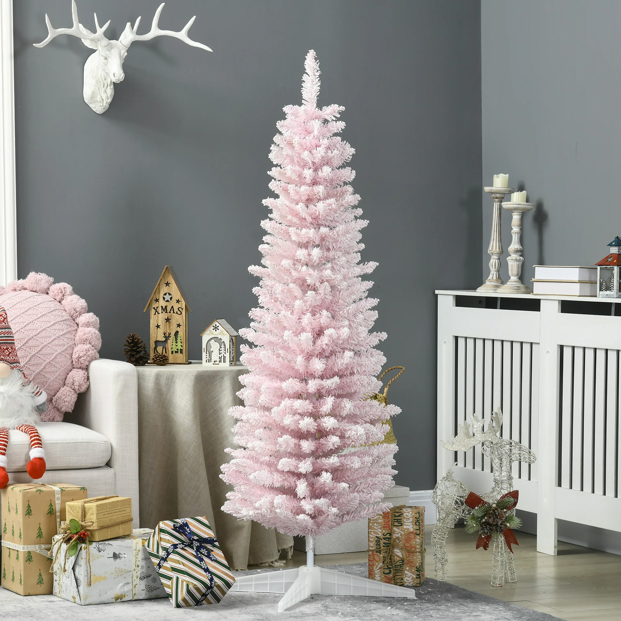 5' Decorated Snow Flocked Artificial Christmas Tree Pencil Shape Realistic Branches Pink - Image 4
