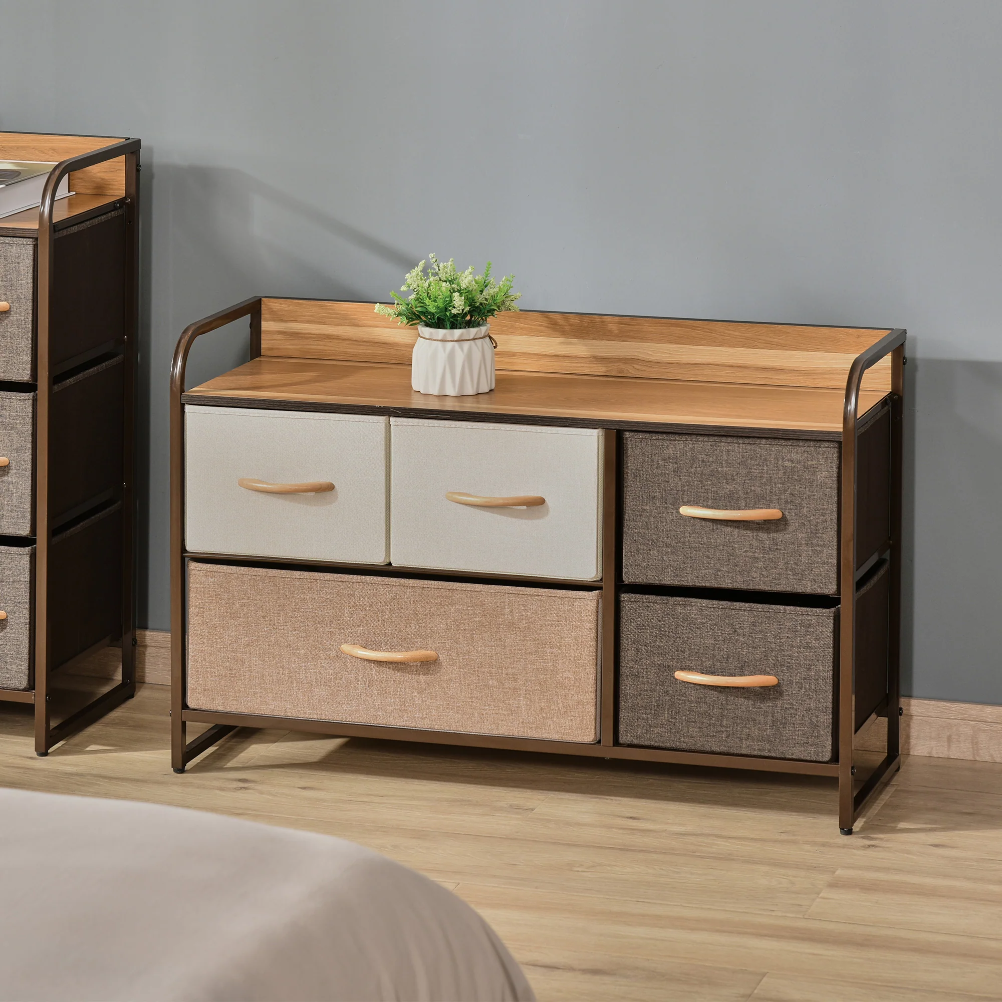 5-Drawer Fabric Chest w/ Steel Frame & Wooden Top for Bedroom, Nursery Room, Multicoloured - Image 3