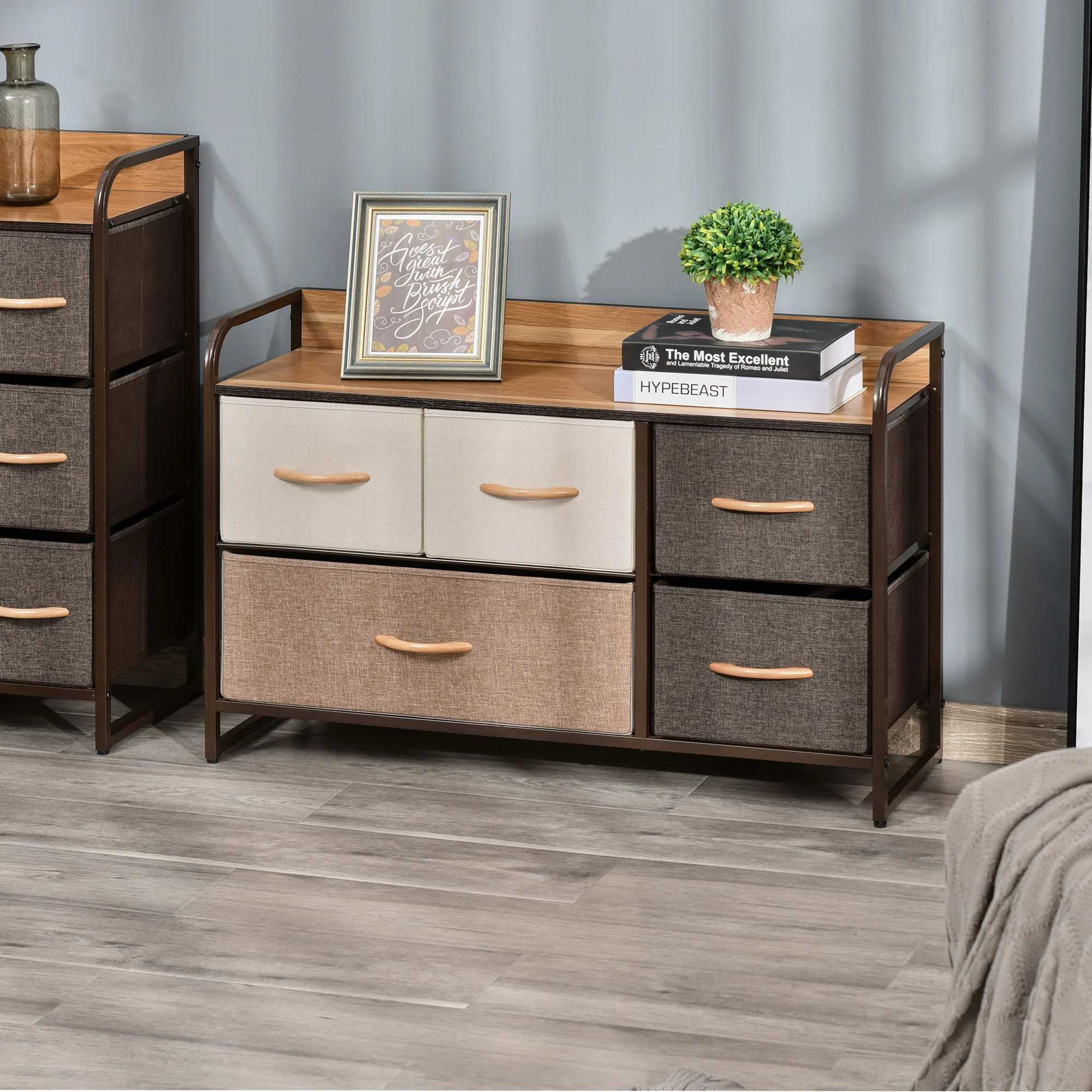 5-Drawer Fabric Chest w/ Steel Frame & Wooden Top for Bedroom, Nursery Room, Multicoloured - Image 4