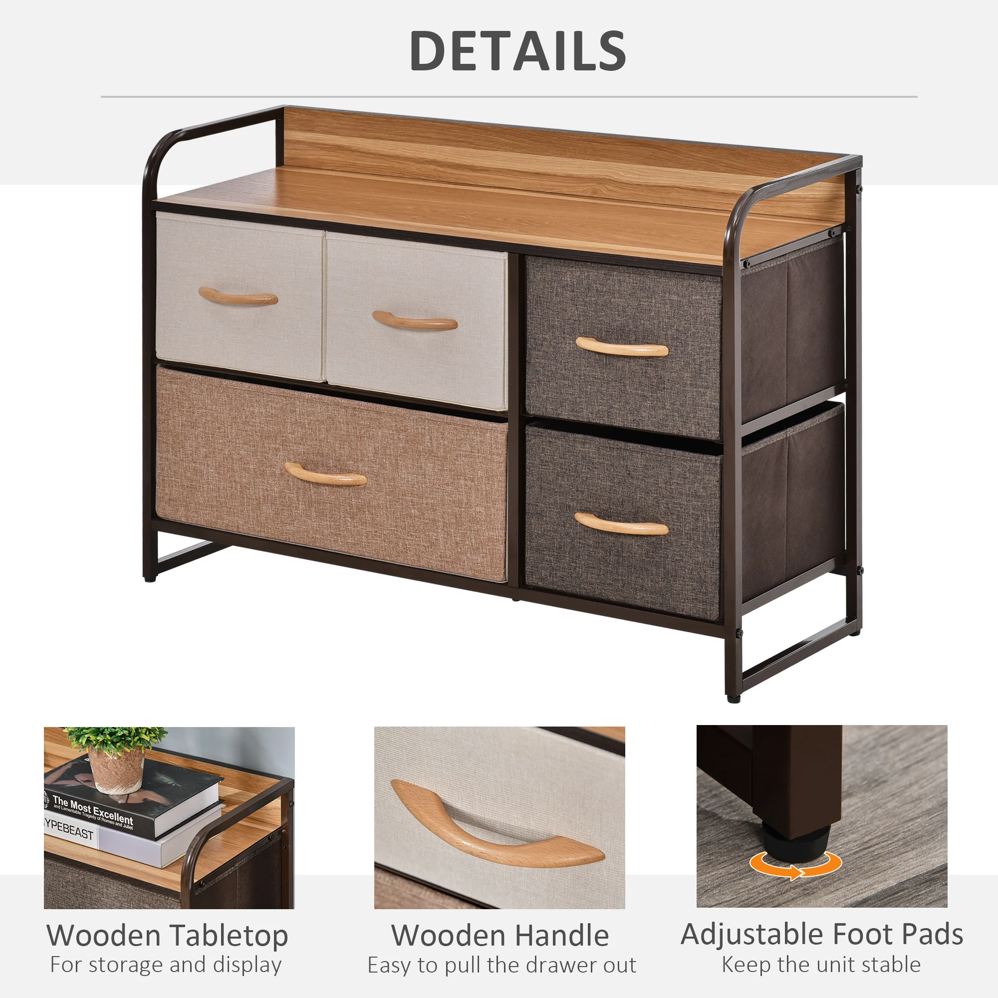 5-Drawer Fabric Chest w/ Steel Frame & Wooden Top for Bedroom, Nursery Room, Multicoloured - Image 8