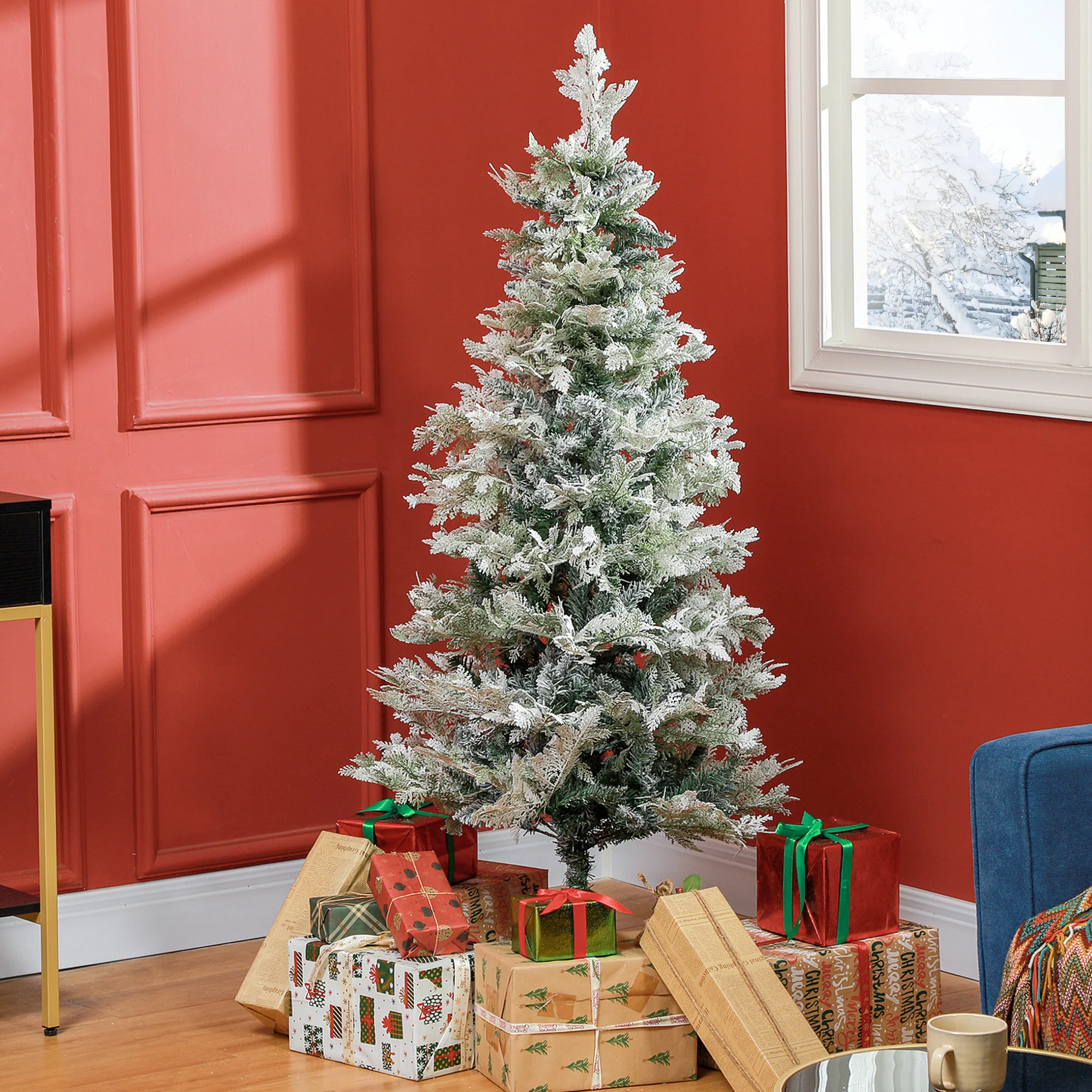 5ft Pencil Snow Flocked Christmas Tree with Realistic Cypress Branches & Auto Open, Green - Image 3