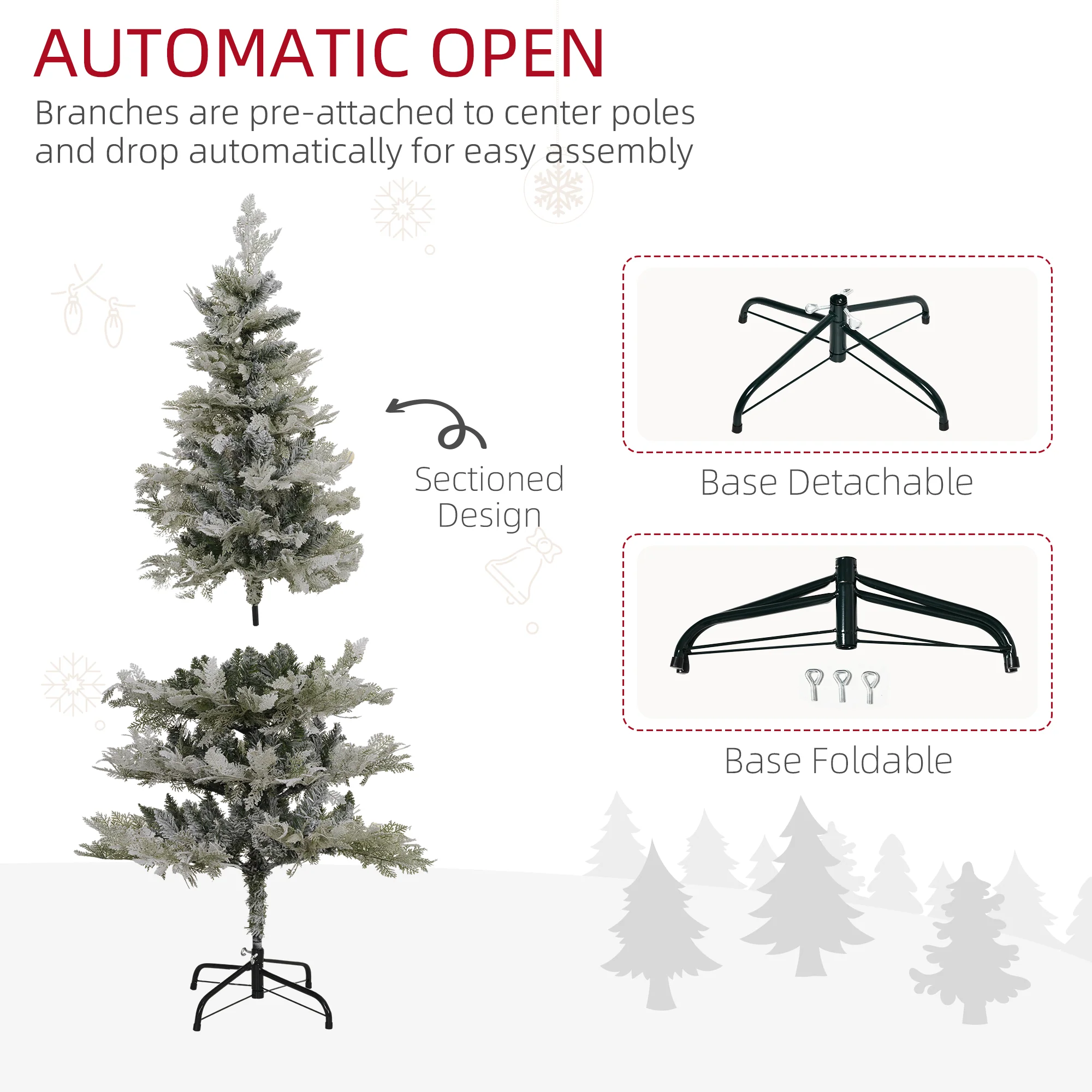 5ft Pencil Snow Flocked Christmas Tree with Realistic Cypress Branches & Auto Open, Green - Image 8
