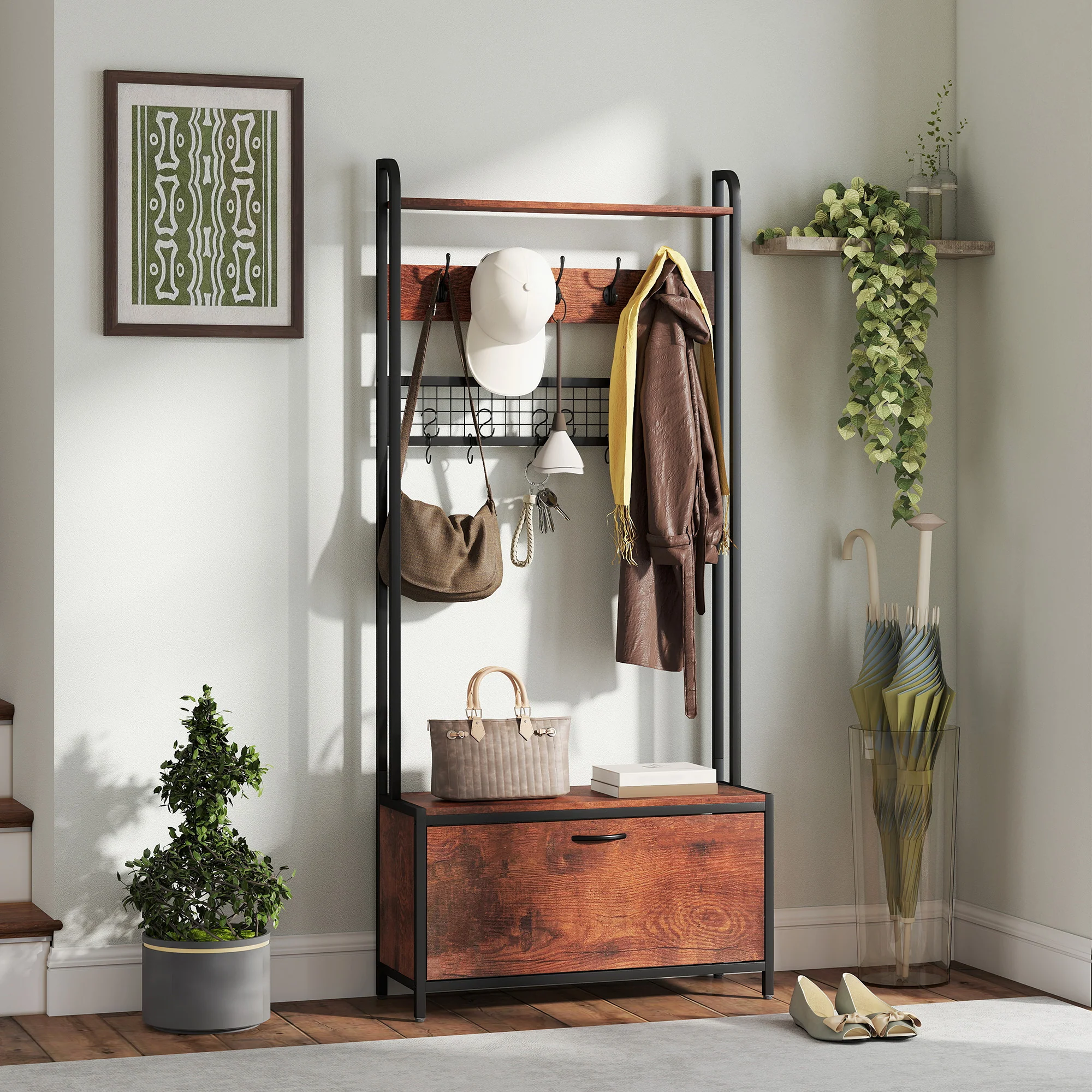 5-In-1 Hall Tree with Bench, Coat Rack, Industrial Entryway Bench with Shoe Cabinet, 10 Hooks, Coat Hanger Stand for Hallway, Living Room, Mud Room, Rustic Brown - Image 4