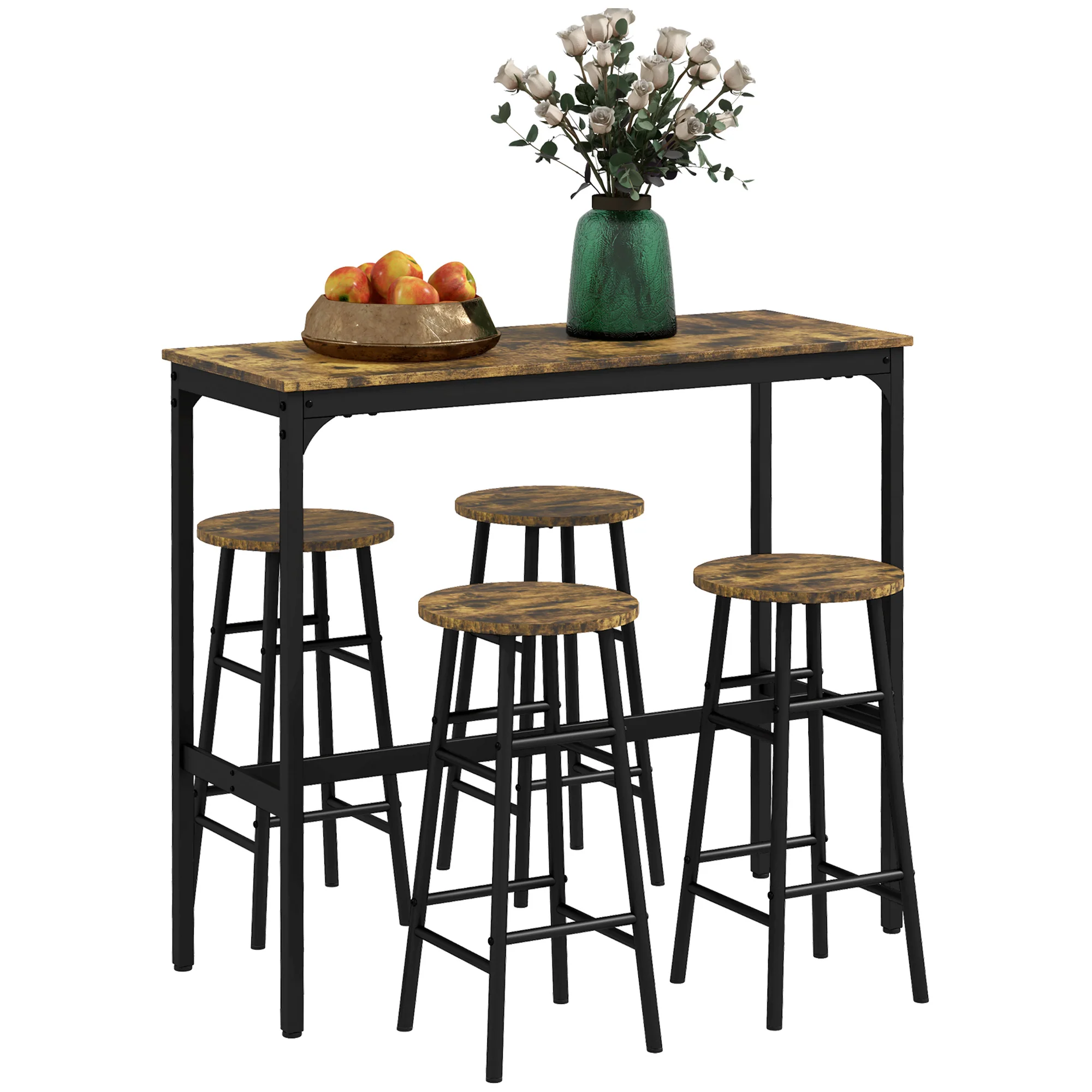 Industrial Bar Table and Stool Set of 5 for Small Space, Rustic Brown