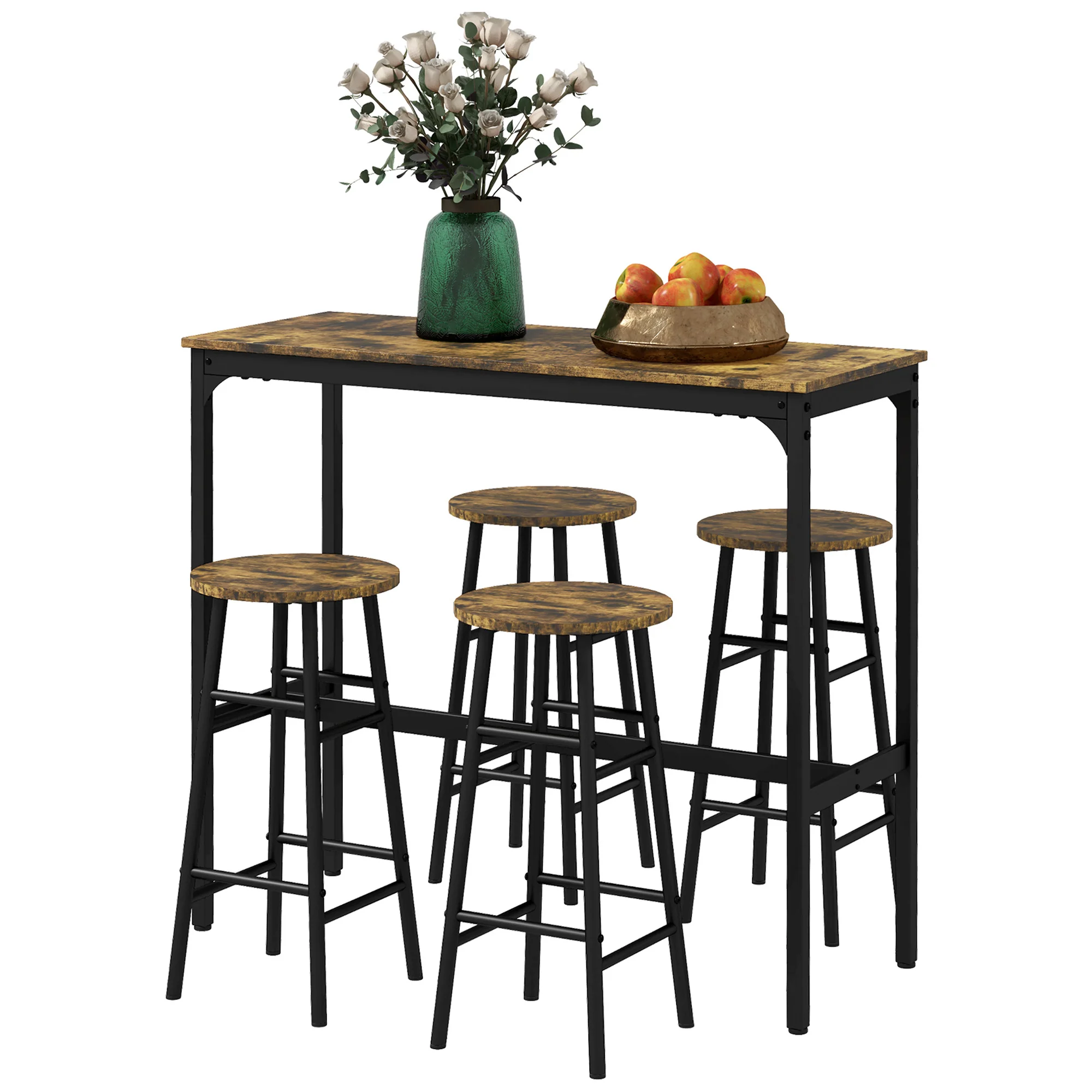 Industrial Bar Table and Stool Set of 5 for Small Space, Rustic Brown - Image 2