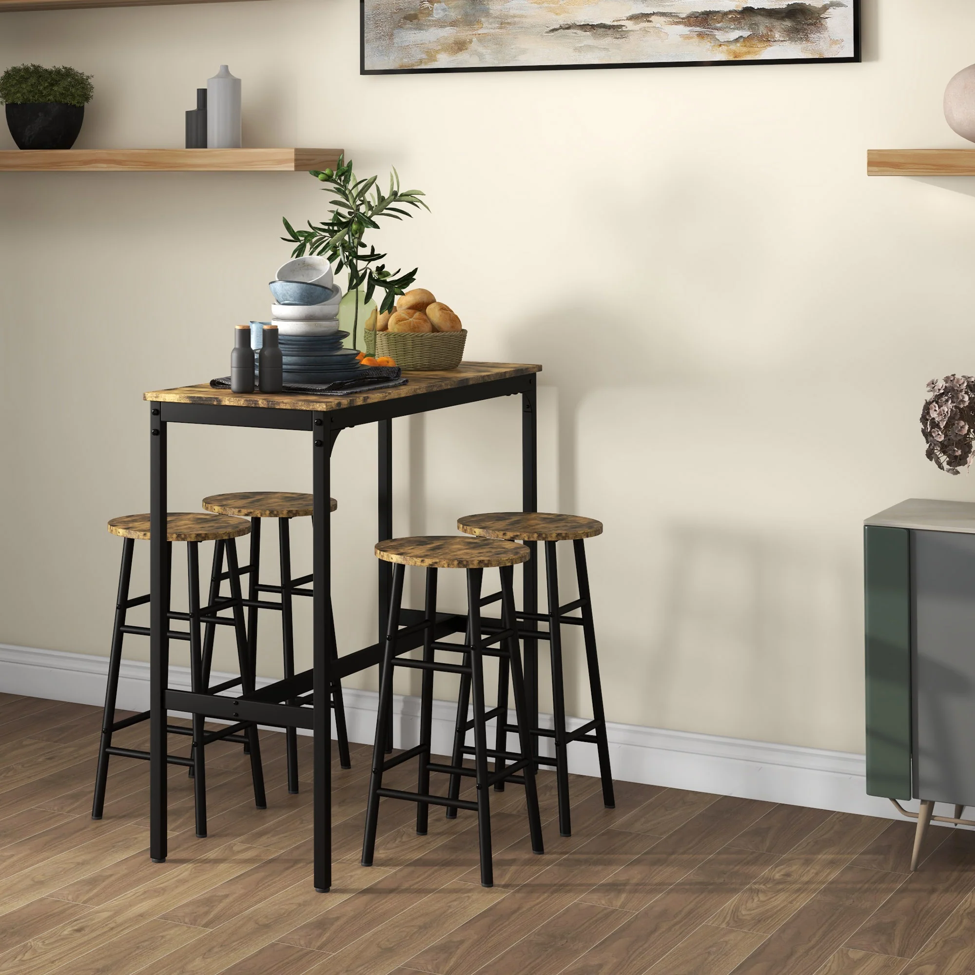 Industrial Bar Table and Stool Set of 5 for Small Space, Rustic Brown - Image 3