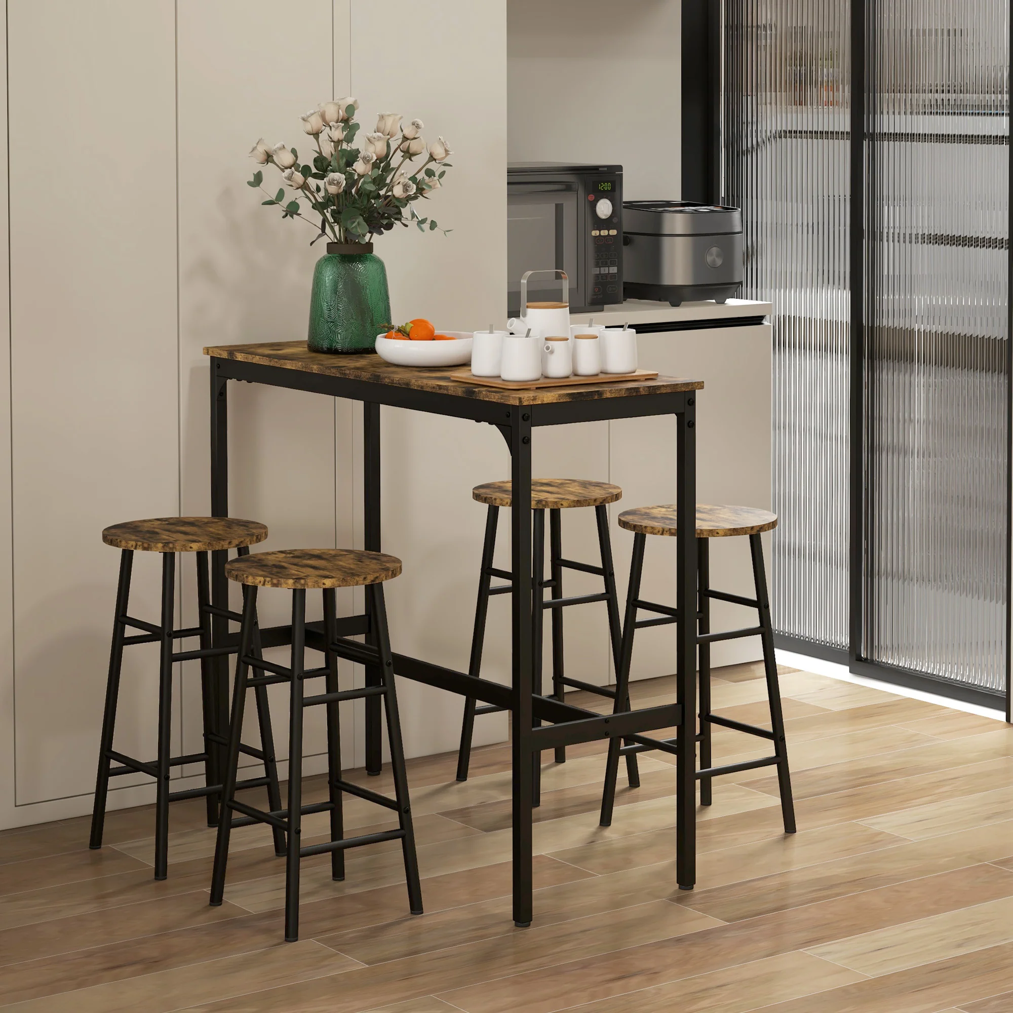 Industrial Bar Table and Stool Set of 5 for Small Space, Rustic Brown - Image 4