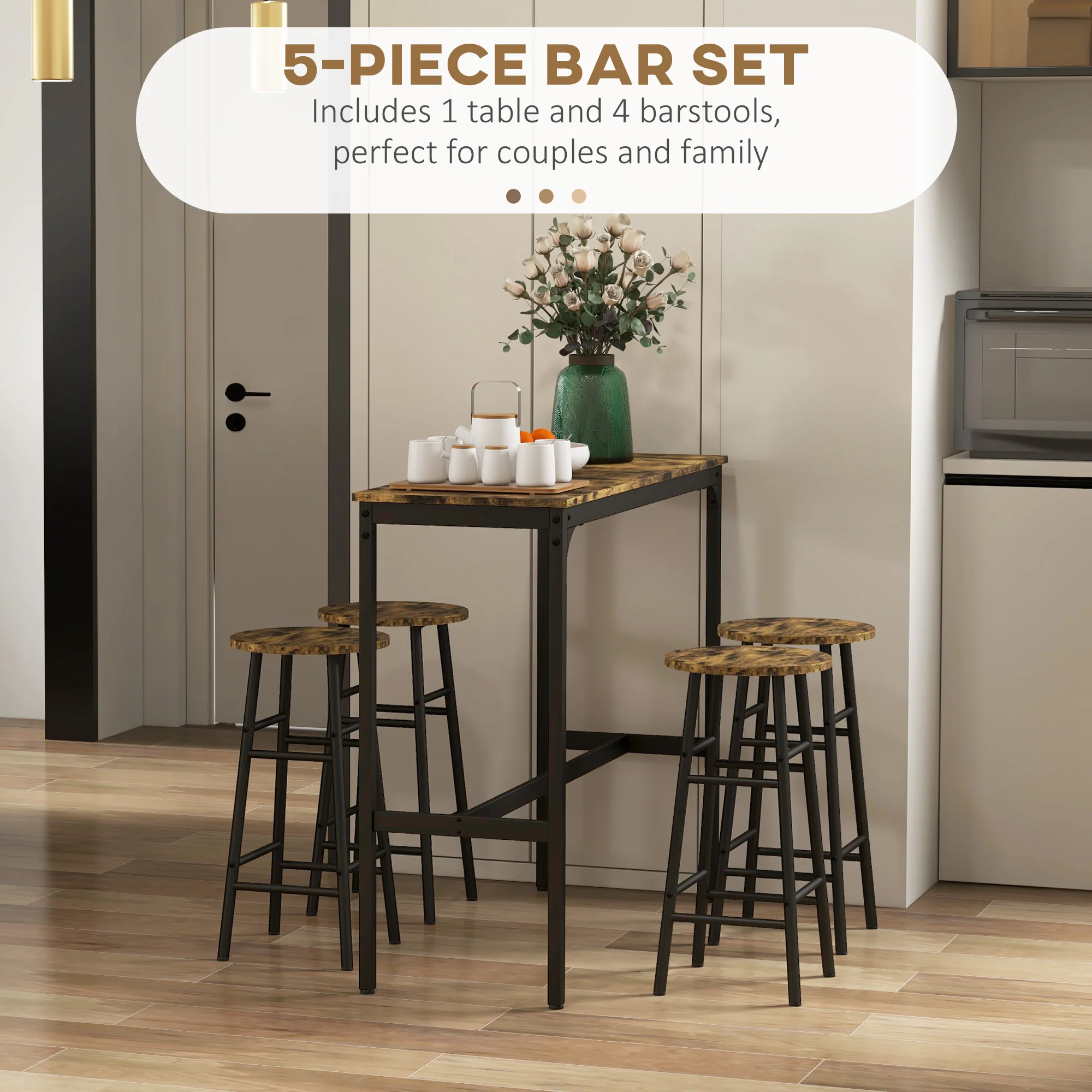 Industrial Bar Table and Stool Set of 5 for Small Space, Rustic Brown - Image 6