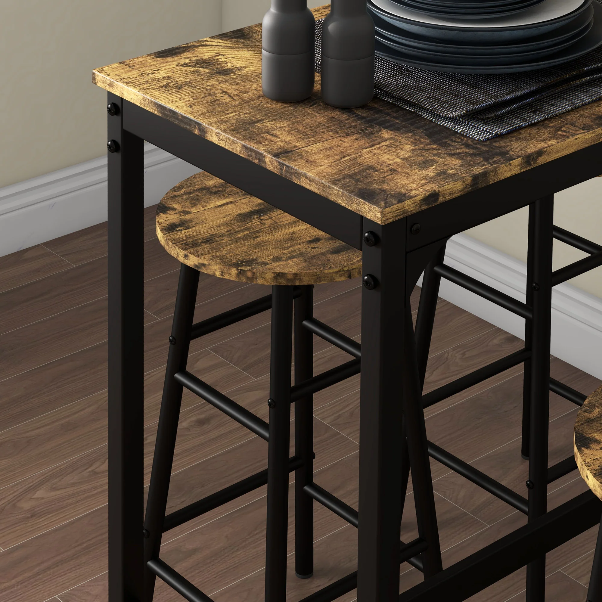 Industrial Bar Table and Stool Set of 5 for Small Space, Rustic Brown - Image 9