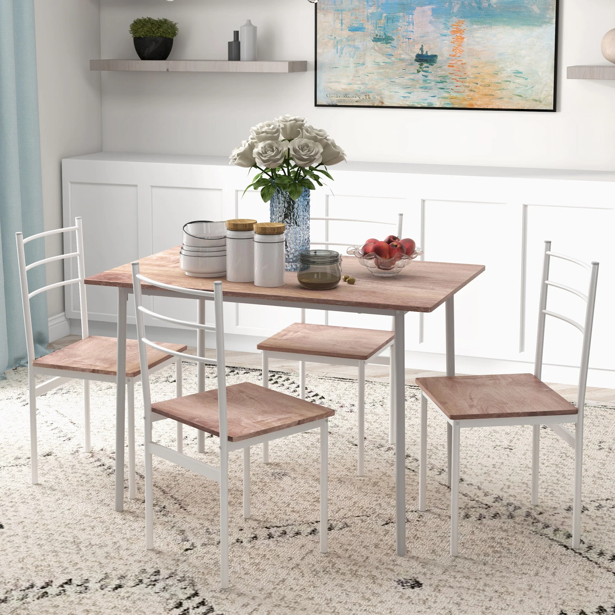 5 Piece Dining Table and Chairs Set w/ Steel Frame Space Saving Table & 4 Chairs, White - Image 3