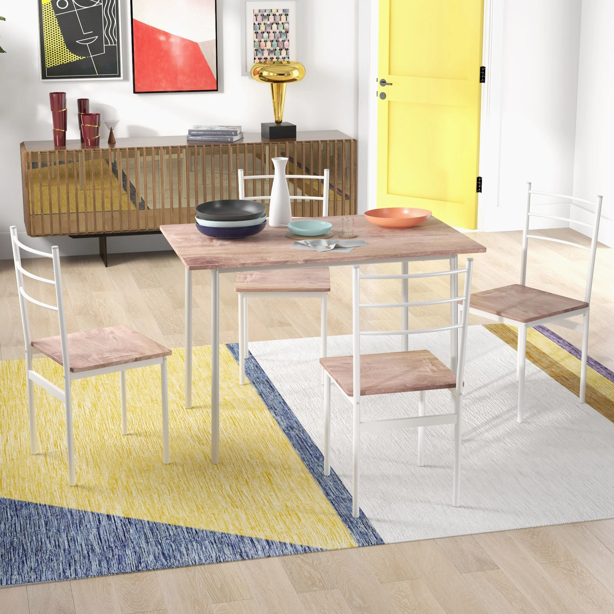 5 Piece Dining Table and Chairs Set w/ Steel Frame Space Saving Table & 4 Chairs, White - Image 4