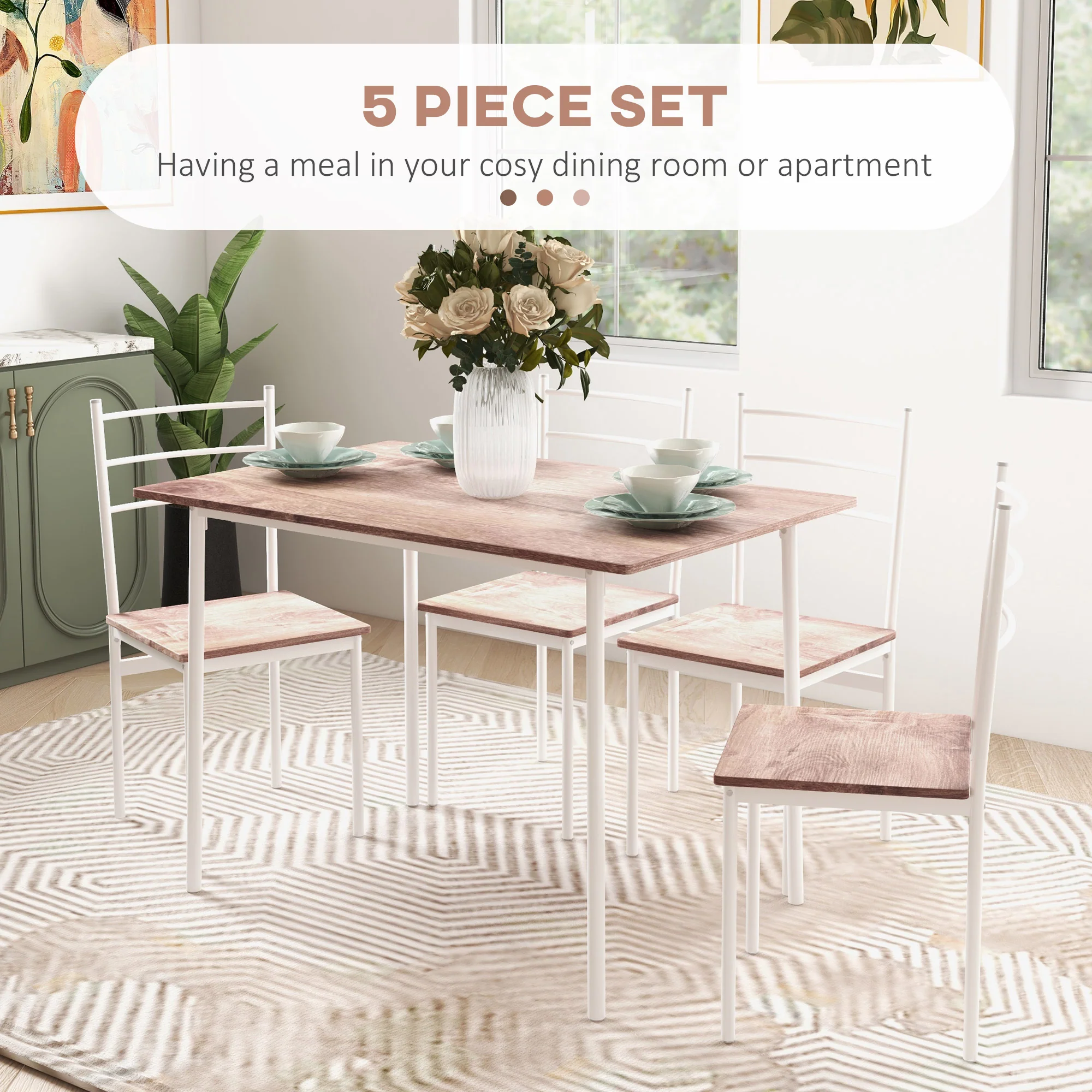 5 Piece Dining Table and Chairs Set w/ Steel Frame Space Saving Table & 4 Chairs, White - Image 6