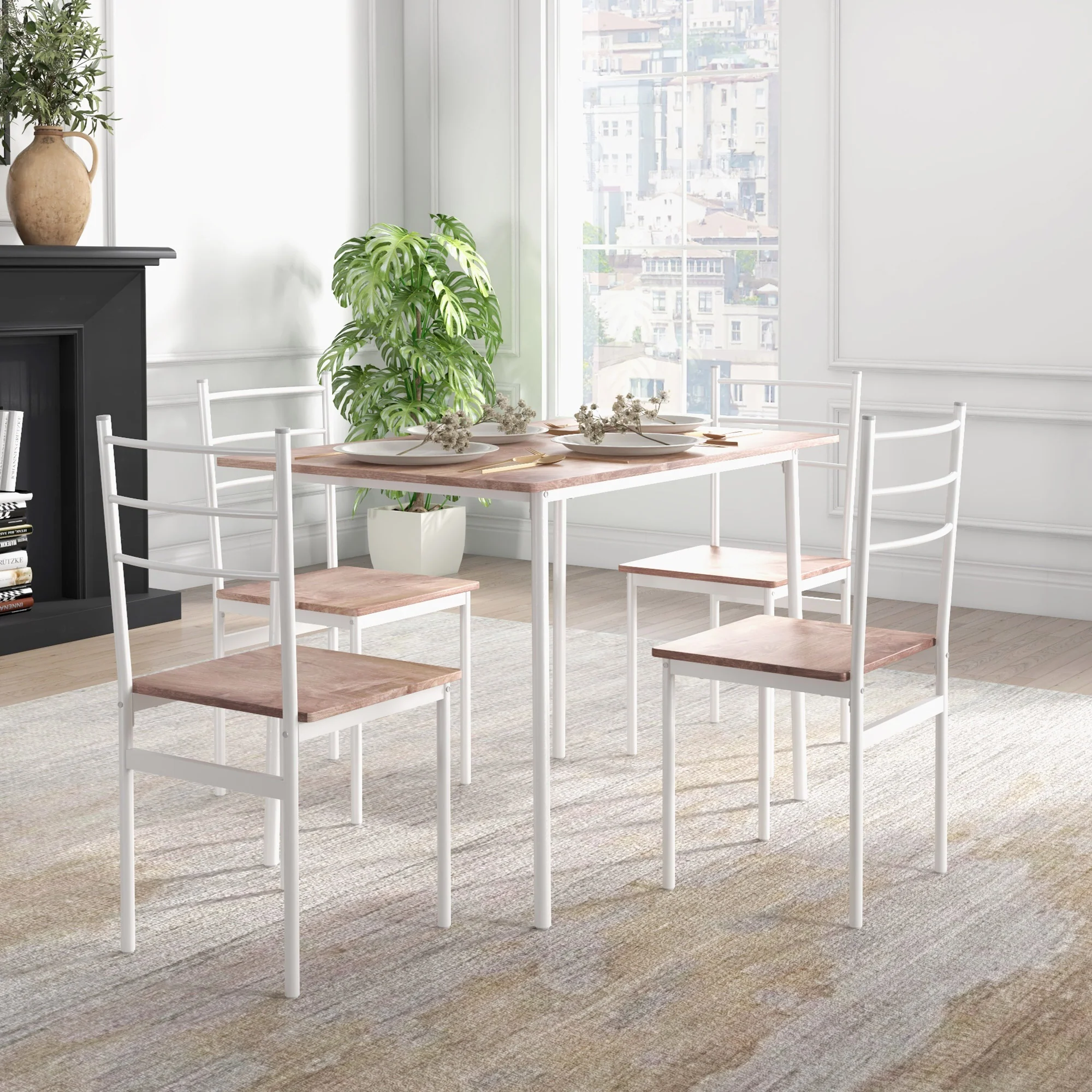 5 Piece Dining Table and Chairs Set w/ Steel Frame Space Saving Table & 4 Chairs, White - Image 9