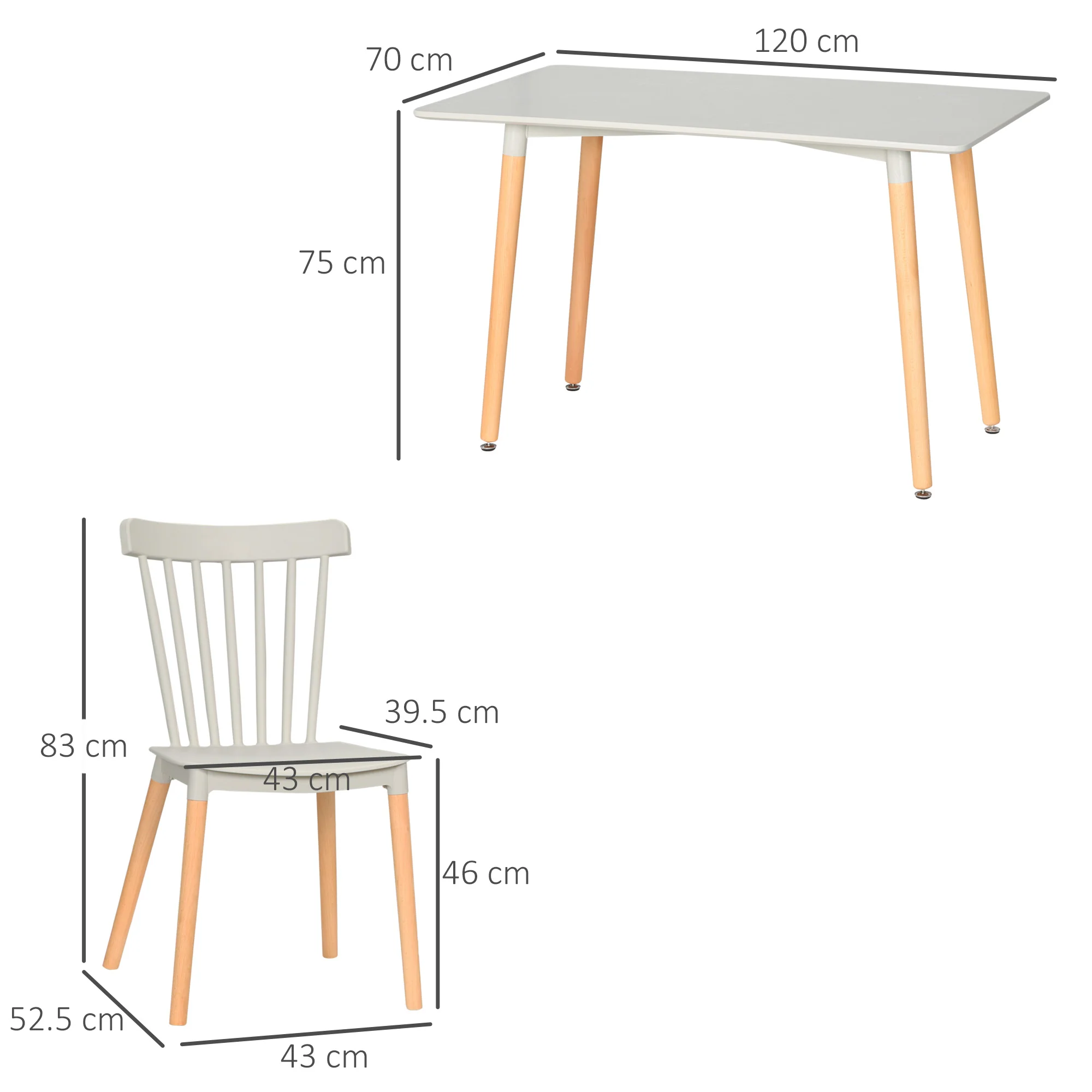 5 Piece Dining Table and Chairs Set for 4 People with Wood Legs and Slat Back, Grey - Image 5