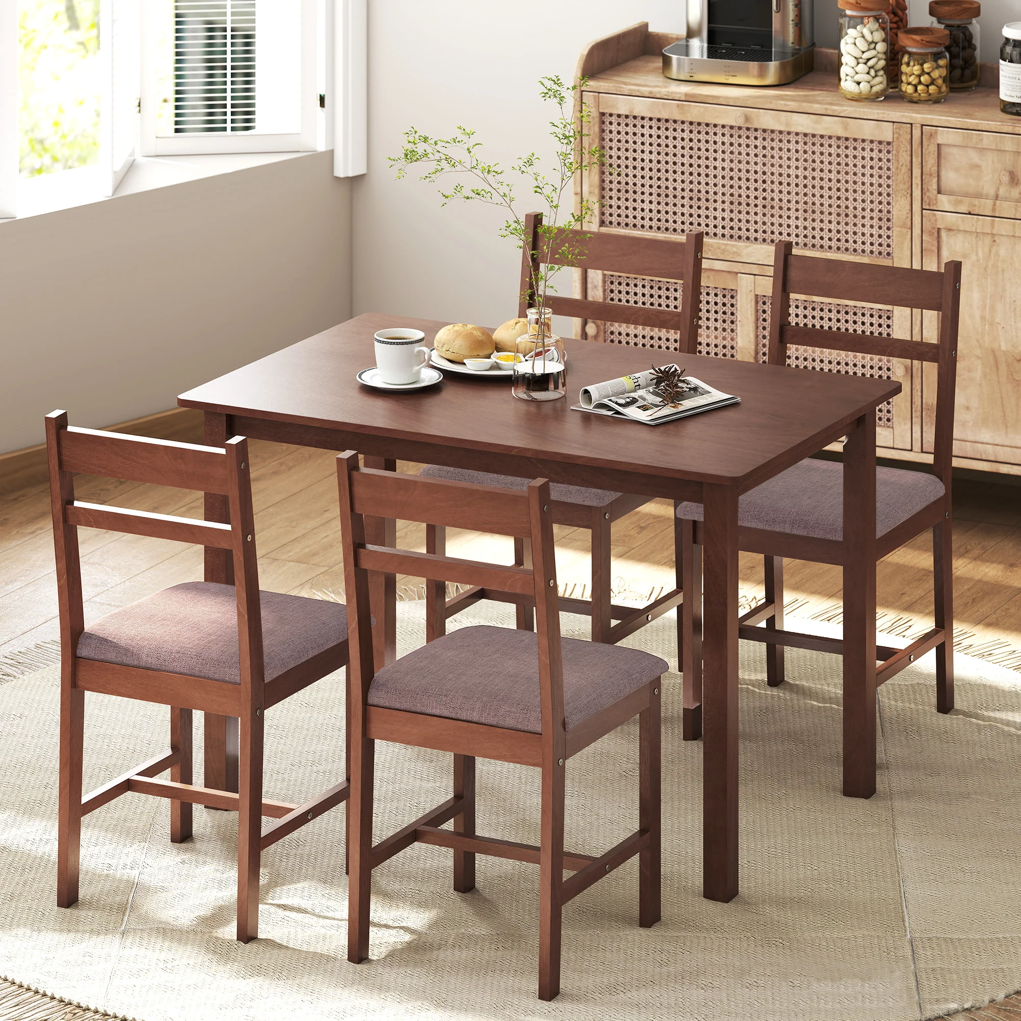 5-Piece Farmhouse Dining Table Set for 4 with Upholstered Chairs in Light Brown - Image 11