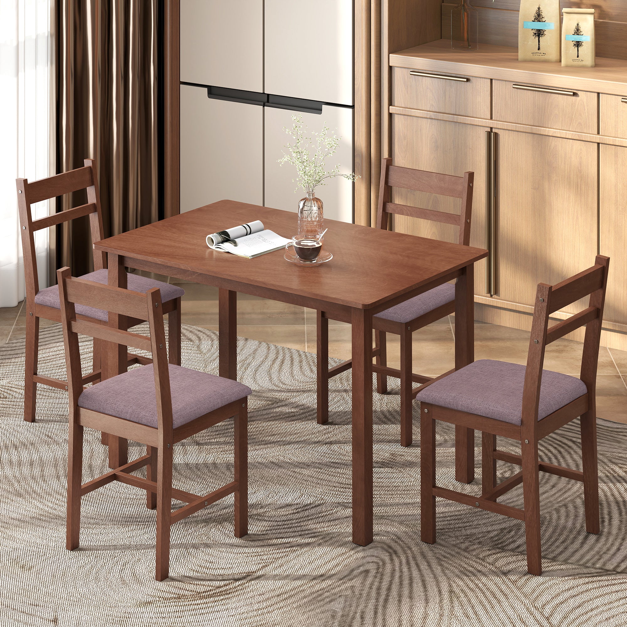 5-Piece Farmhouse Dining Table Set for 4 with Upholstered Chairs in Light Brown - Image 3
