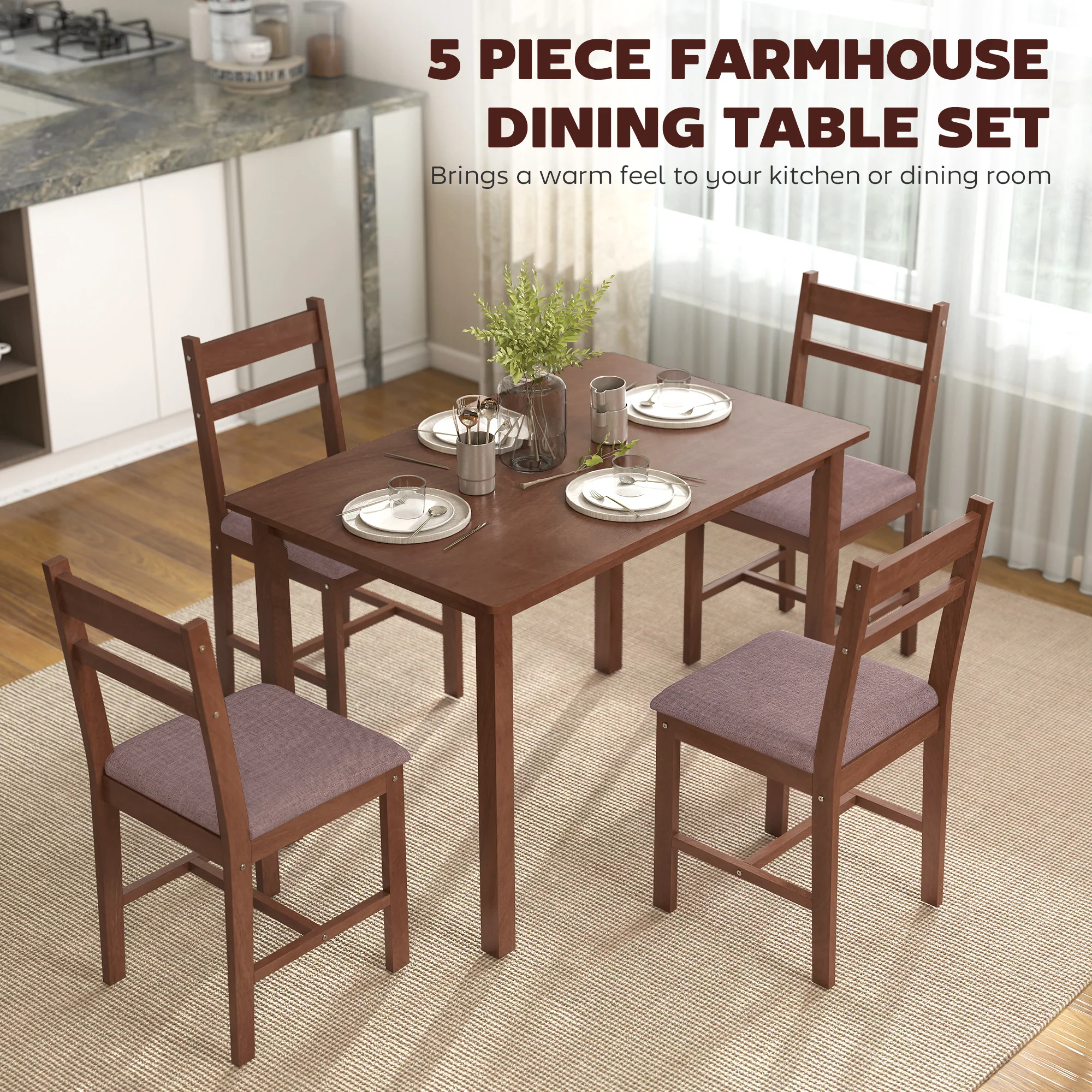 5-Piece Farmhouse Dining Table Set for 4 with Upholstered Chairs in Light Brown - Image 6