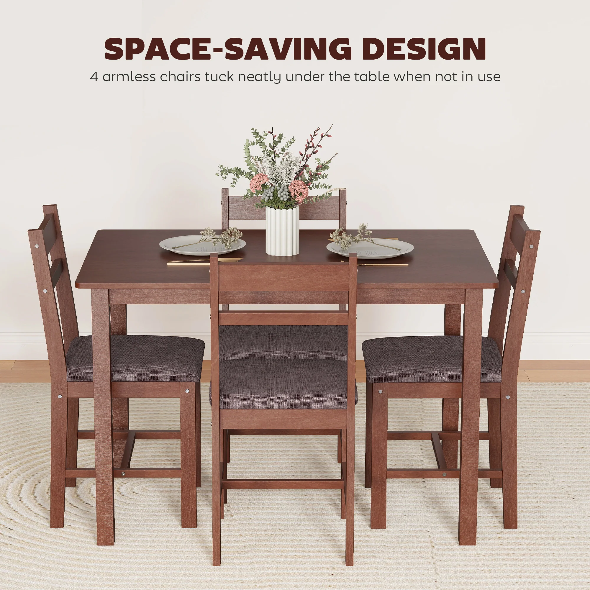 5-Piece Farmhouse Dining Table Set for 4 with Upholstered Chairs in Light Brown - Image 9