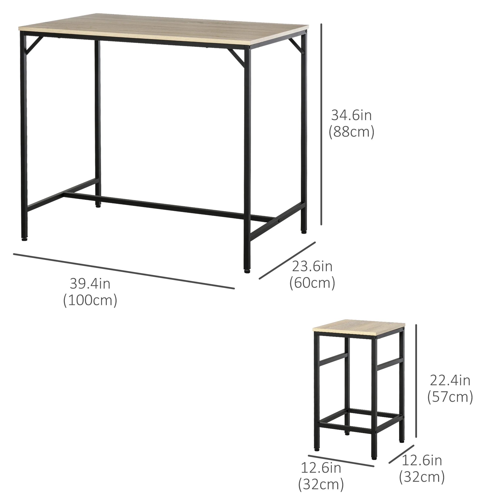 5-Piece Industrial Bar Table Set with 4 Stools for Dining Room Kitchen Dinette, Oak - Image 5