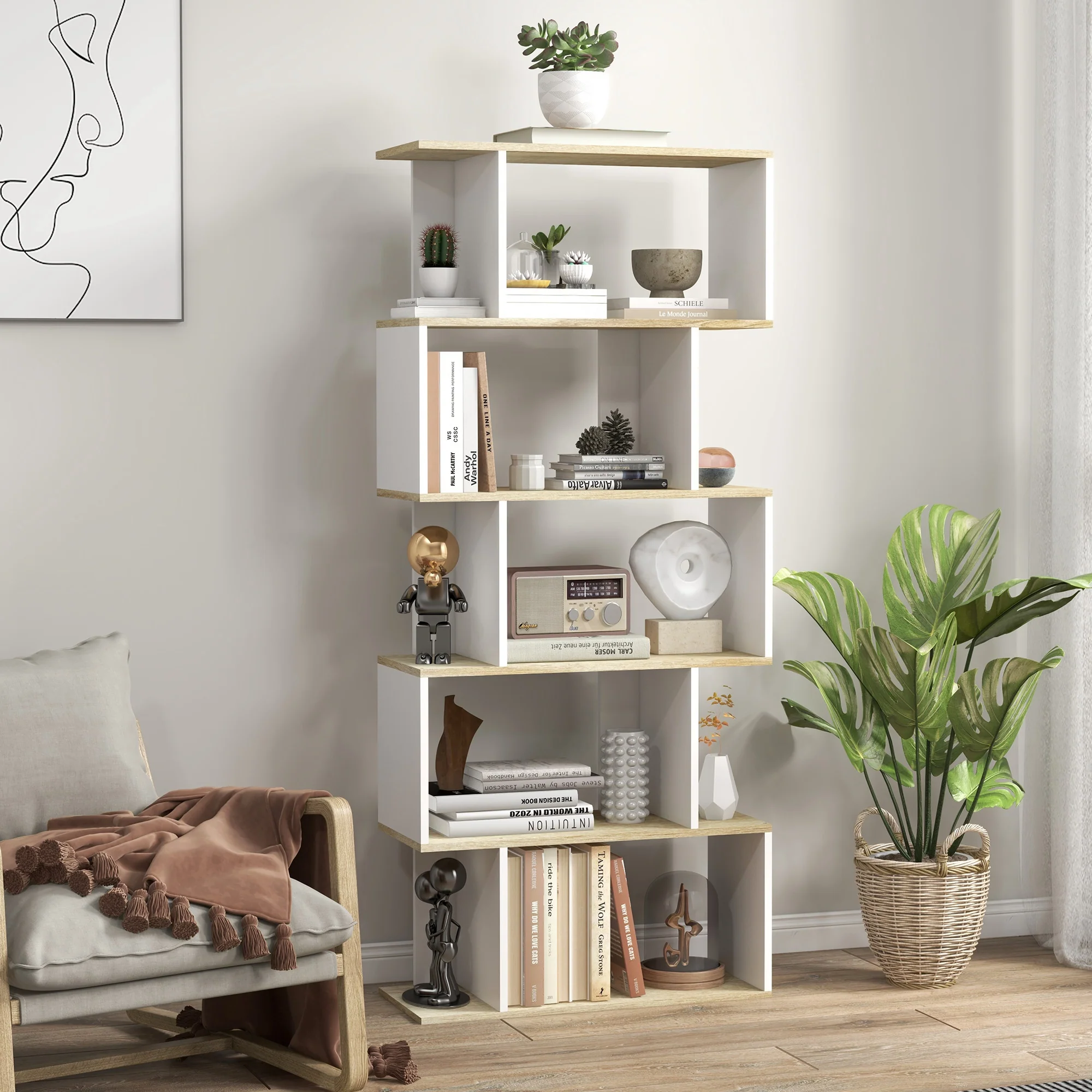 5-Tier Bookshelf, Geometric S Shaped Bookcase, Tall Narrow Display Shelf for for Living Room, Study Room, Home Office, White - Image 4