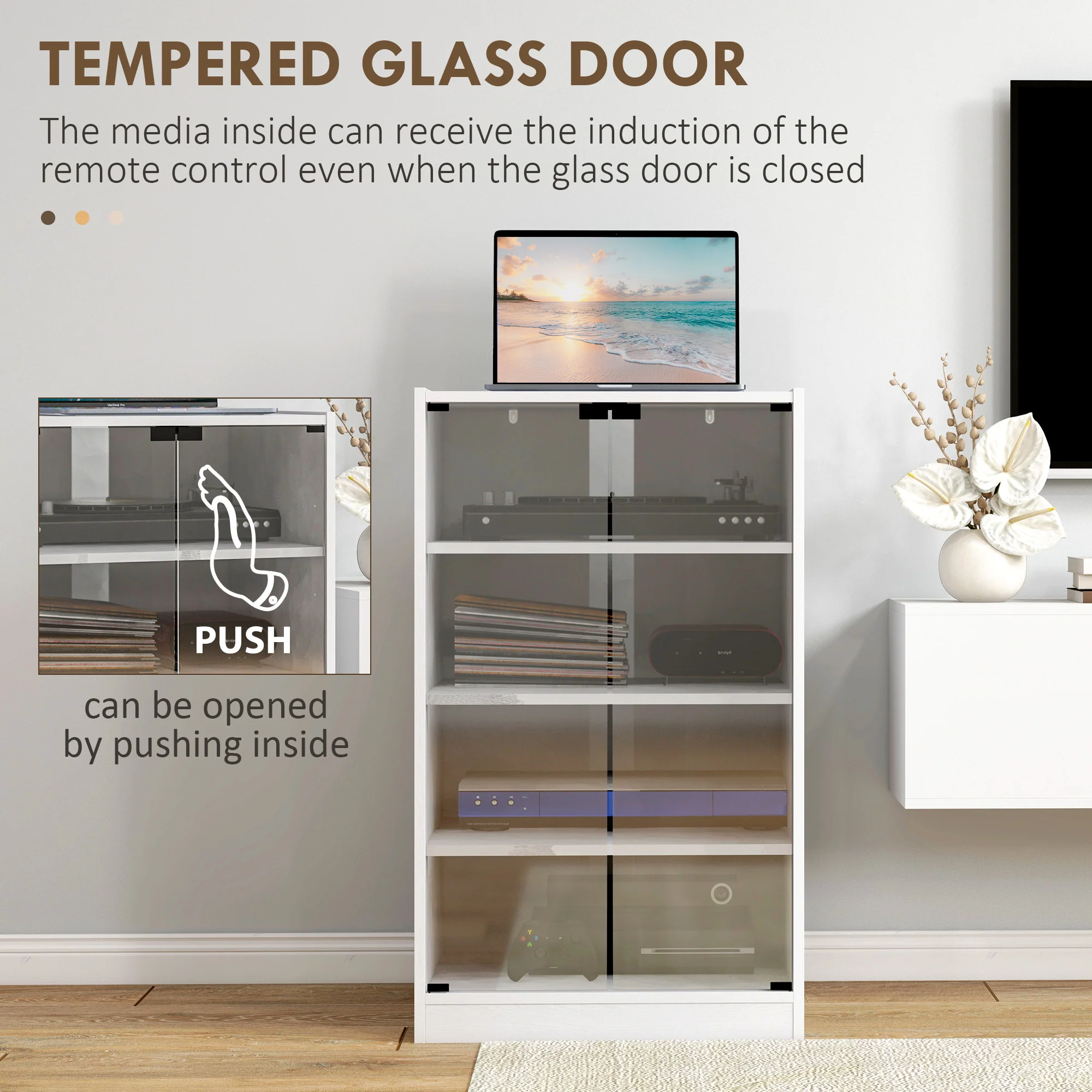 5-Tier Media Storage Cabinet with 3 Adjustable Shelves & Tempered Doors, Distressed White - Image 9