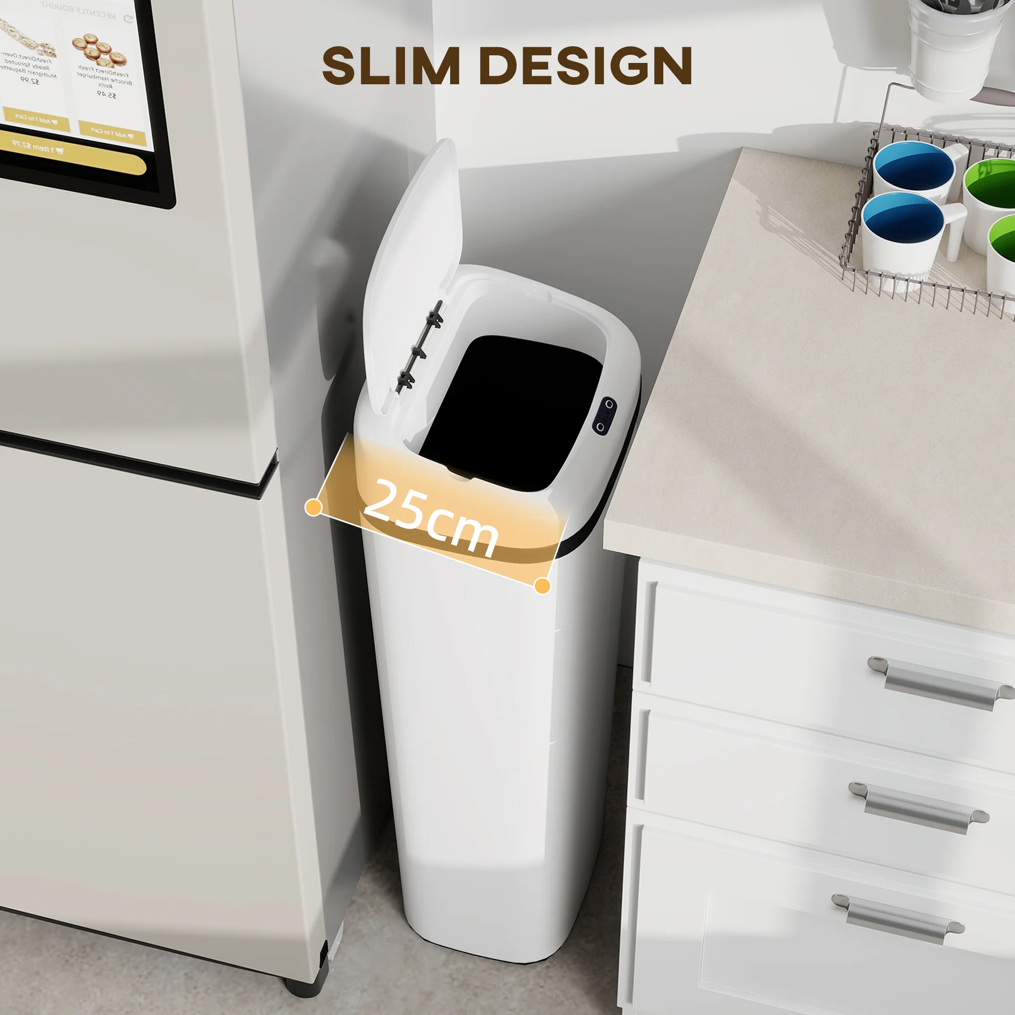 50L Sensor Bin, Stainless Steel Automatic Touchless Slim Kitchen Bin with Dual-Mode Opening, Battery Operated, White - Image 10