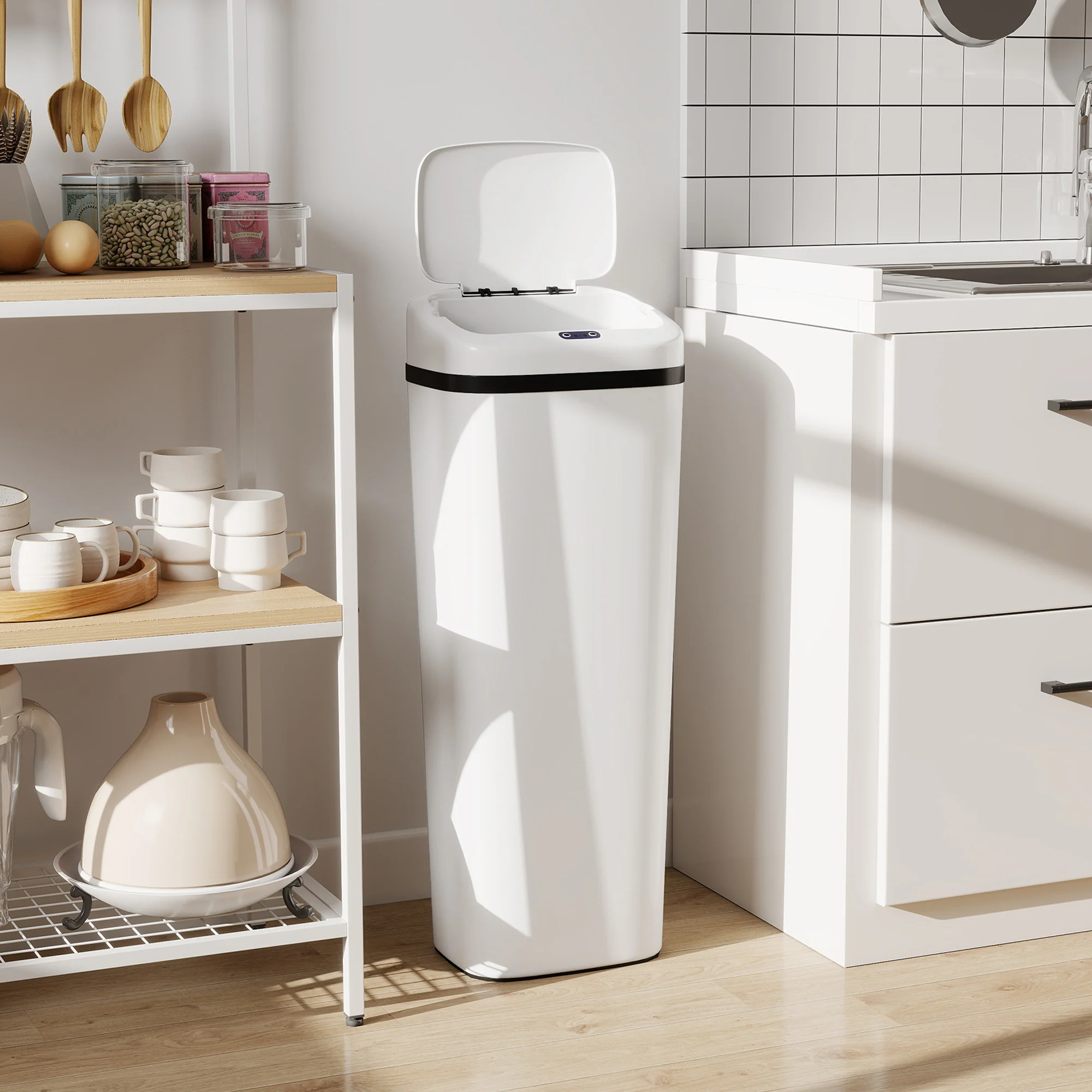 50L Sensor Bin, Stainless Steel Automatic Touchless Slim Kitchen Bin with Dual-Mode Opening, Battery Operated, White - Image 3