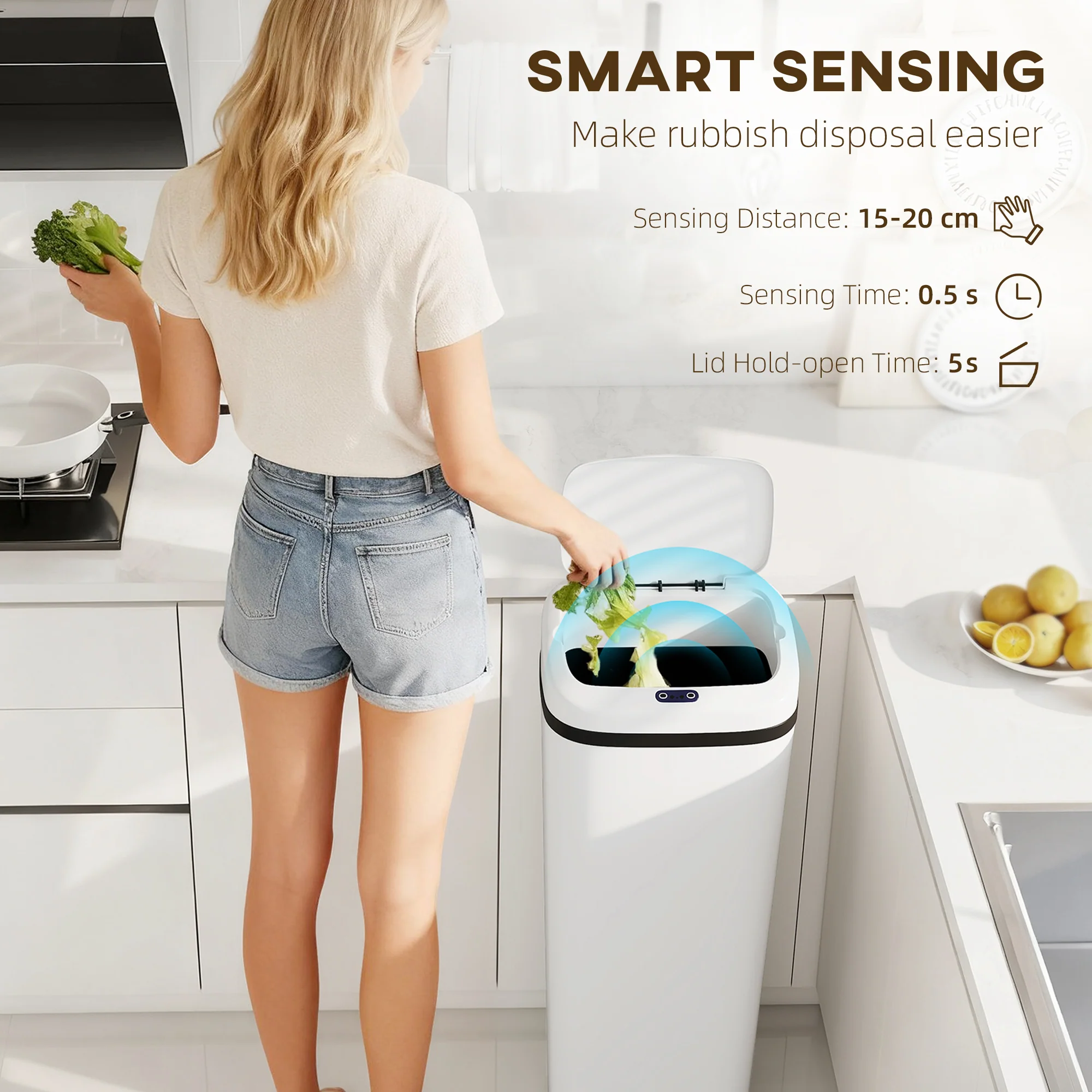 50L Sensor Bin, Stainless Steel Automatic Touchless Slim Kitchen Bin with Dual-Mode Opening, Battery Operated, White - Image 6
