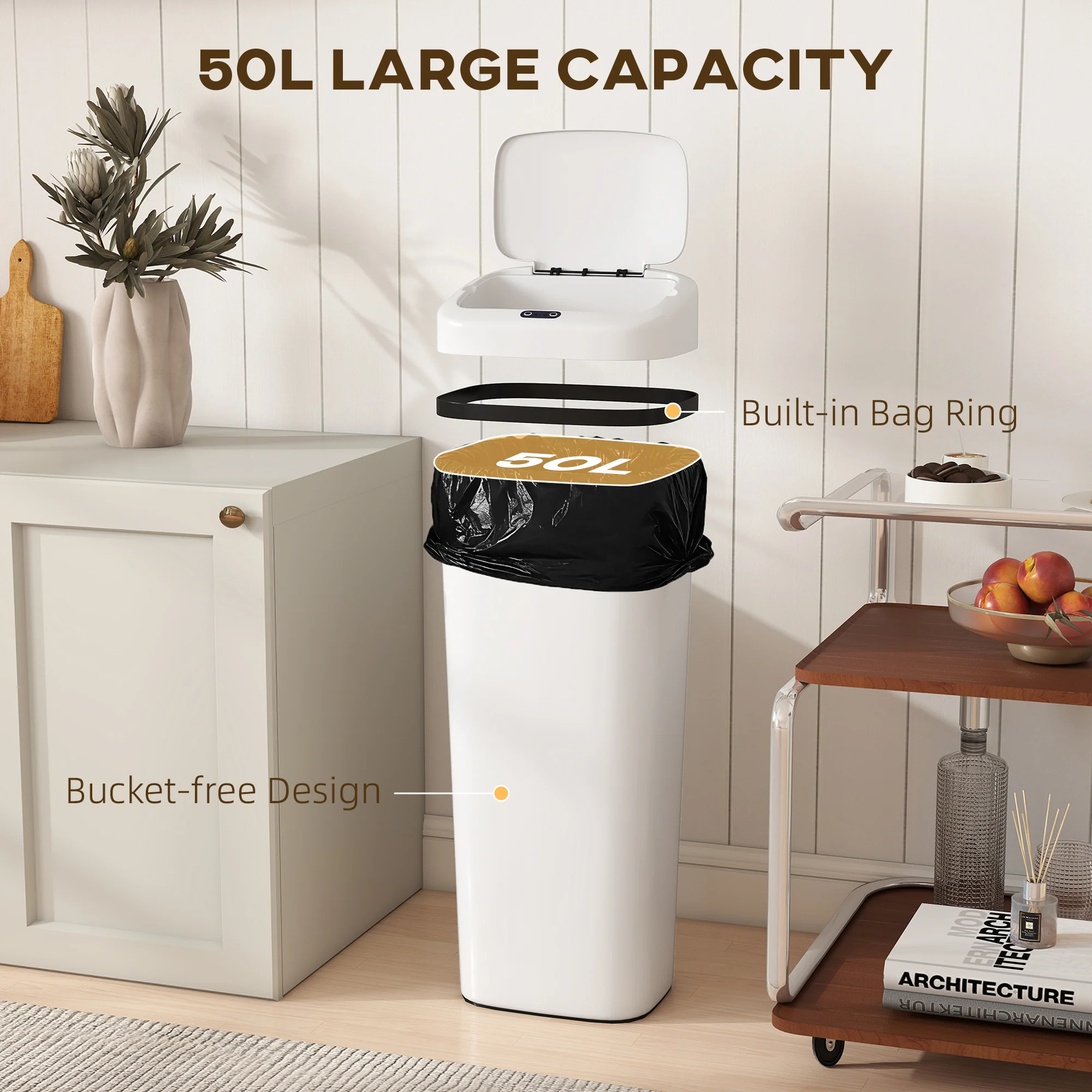 50L Sensor Bin, Stainless Steel Automatic Touchless Slim Kitchen Bin with Dual-Mode Opening, Battery Operated, White - Image 8