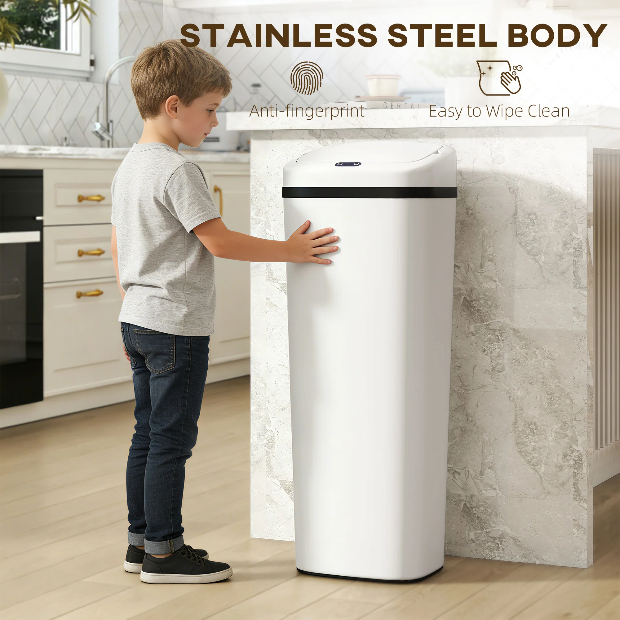 50L Sensor Bin, Stainless Steel Automatic Touchless Slim Kitchen Bin with Dual-Mode Opening, Battery Operated, White - Image 9