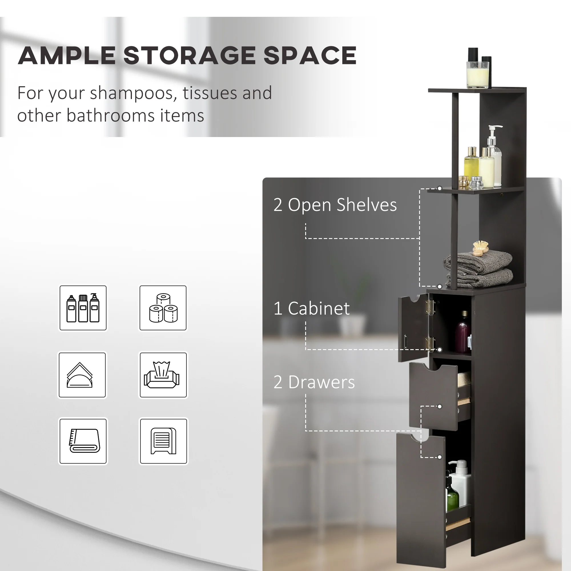 54" Tall Bathroom Storage Cabinet, Freestanding Linen Tower w/ 2 Tier Shelf & Drawers, Brown - Image 6