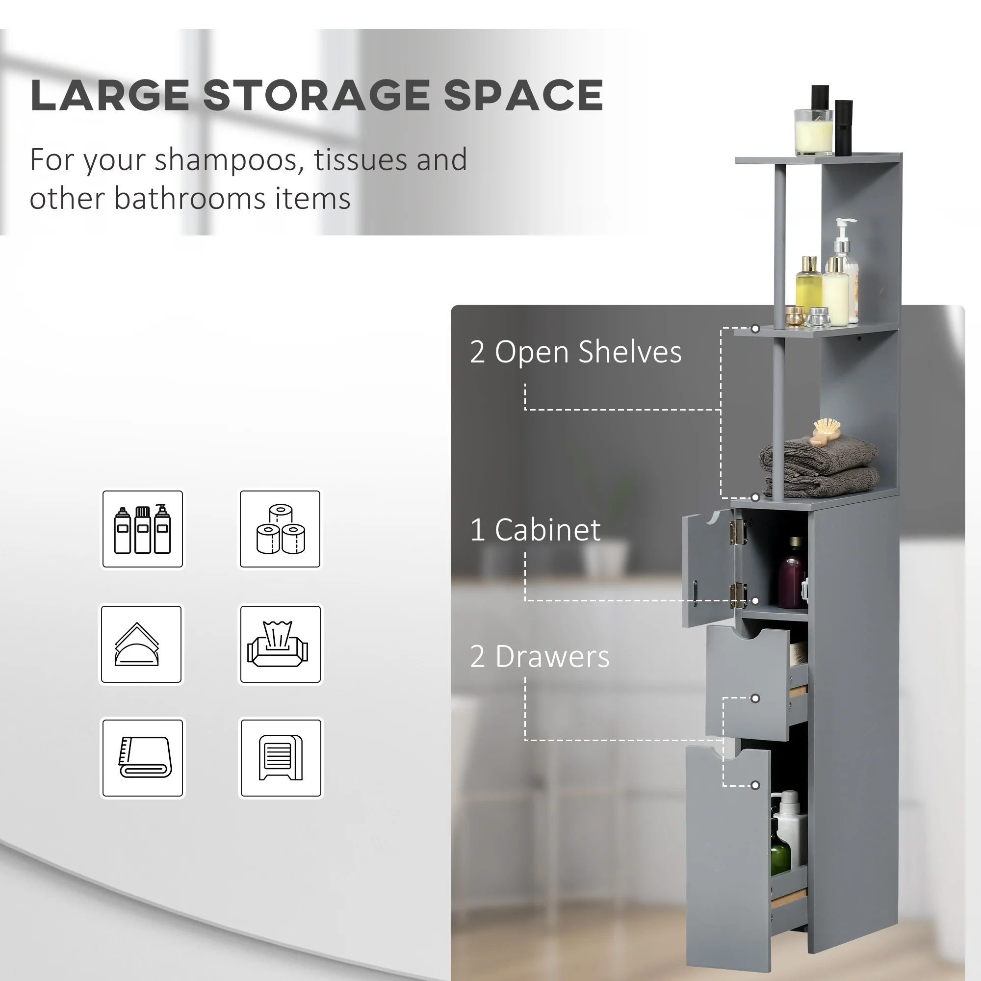 54" Tall Bathroom Storage Cabinet, Freestanding Linen Tower w/ 2 Tier Shelf & Drawers, Grey - Image 6