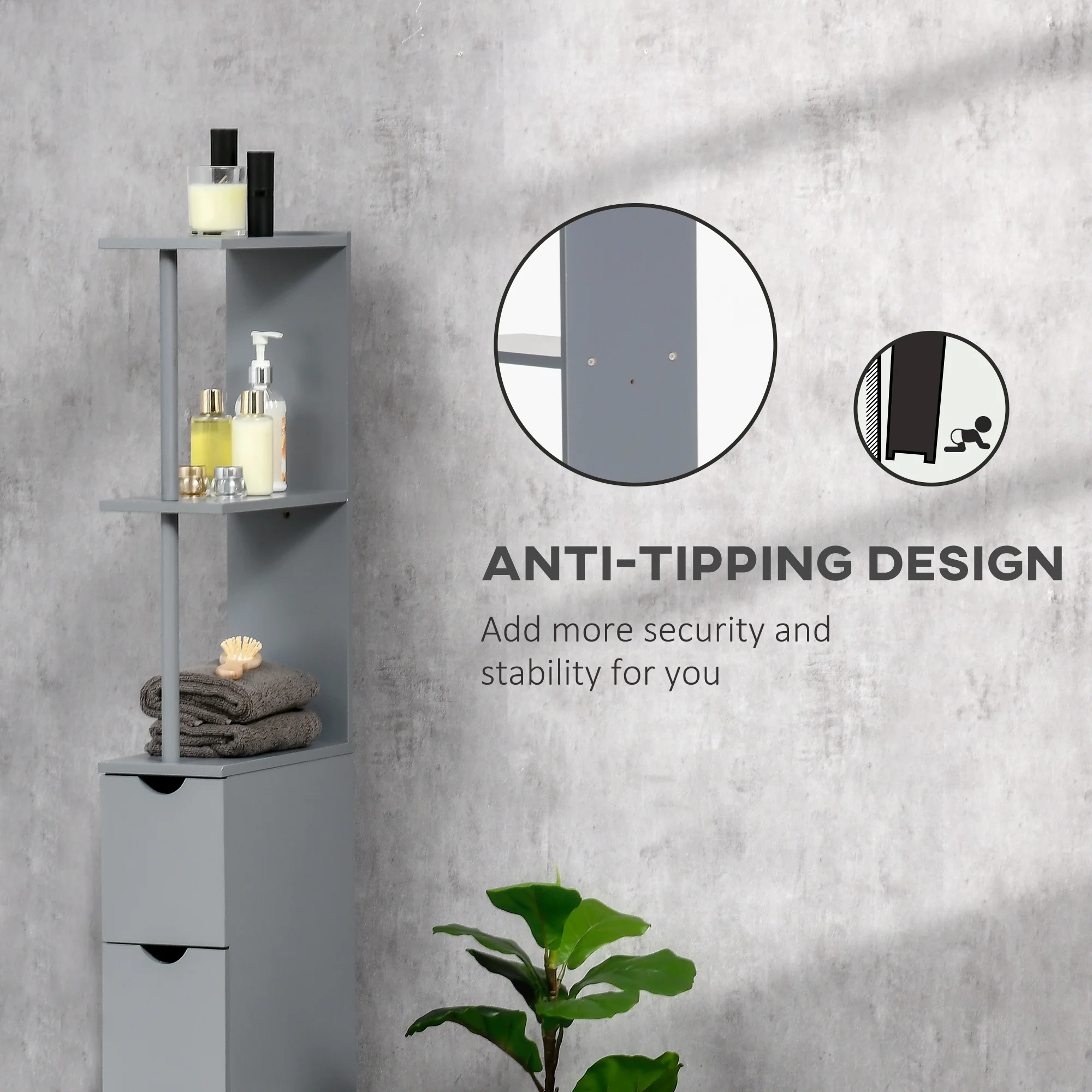 54" Tall Bathroom Storage Cabinet, Freestanding Linen Tower w/ 2 Tier Shelf & Drawers, Grey - Image 8